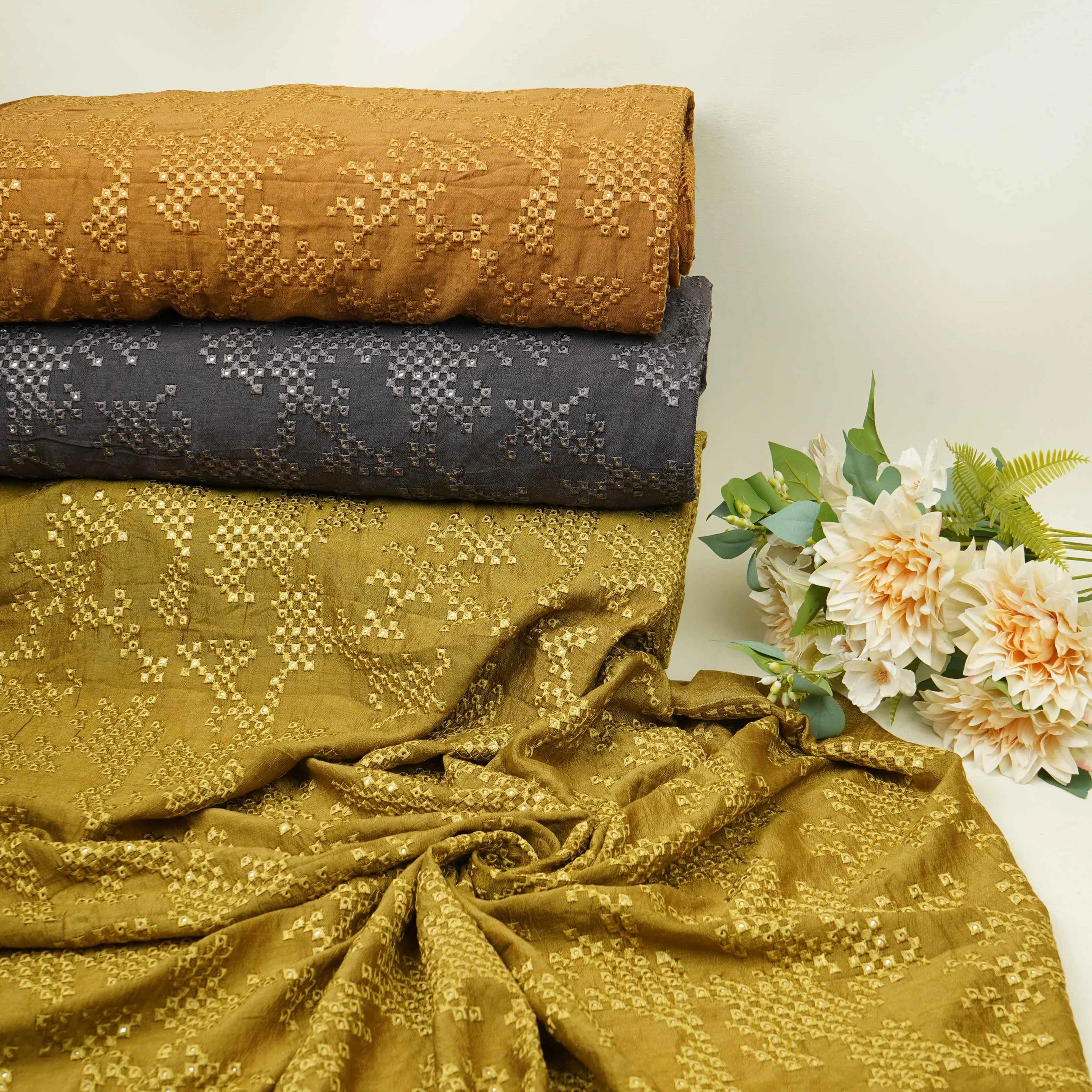 Antique Gold Geometric embroidery Raw Silk Fabric VFS-31853 - Image 5