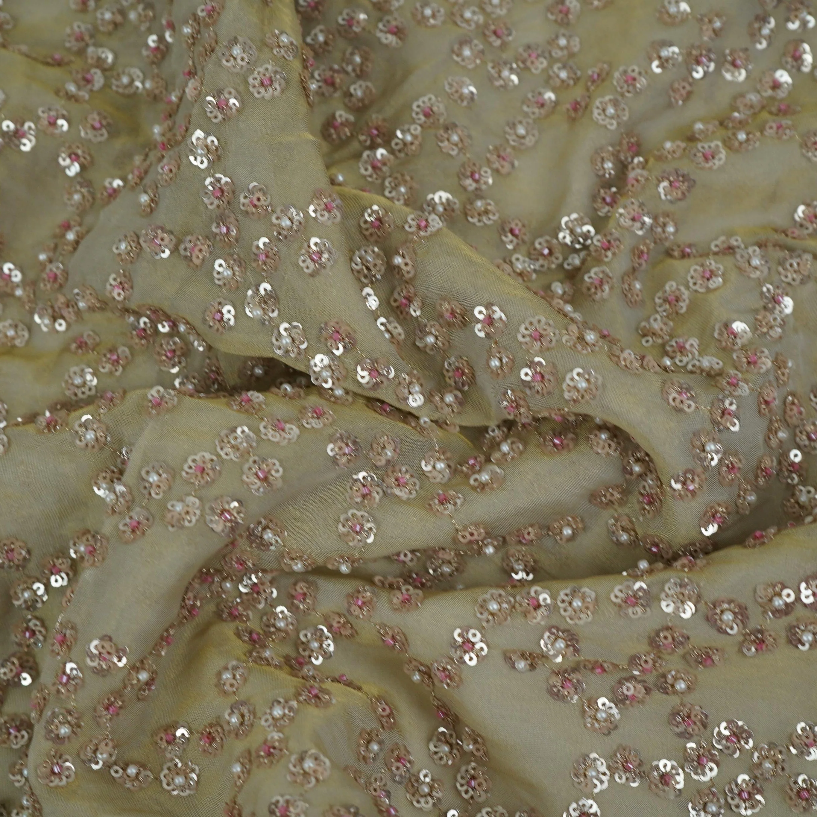 Antique Gold with Rose Gold Sequins embroidery Kanjivaram Silk Fabric TF-32080 - Image 3