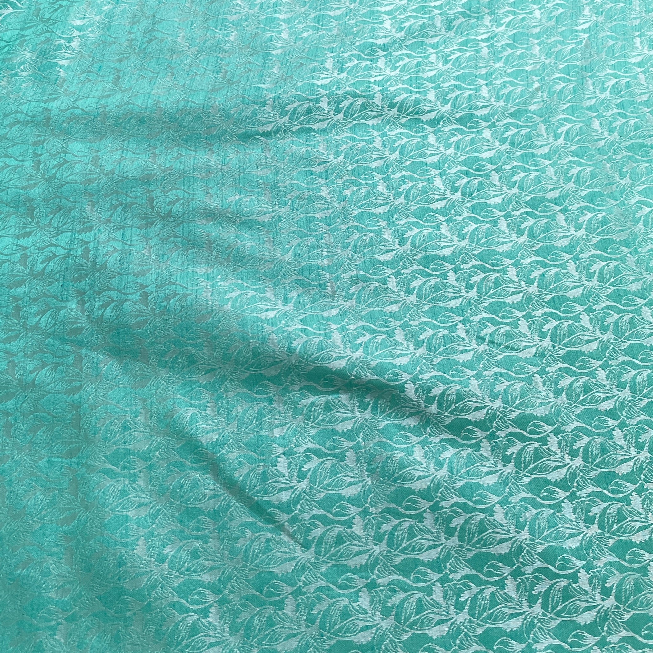Aqua Blue Floral Brocade Fabric - Image 3