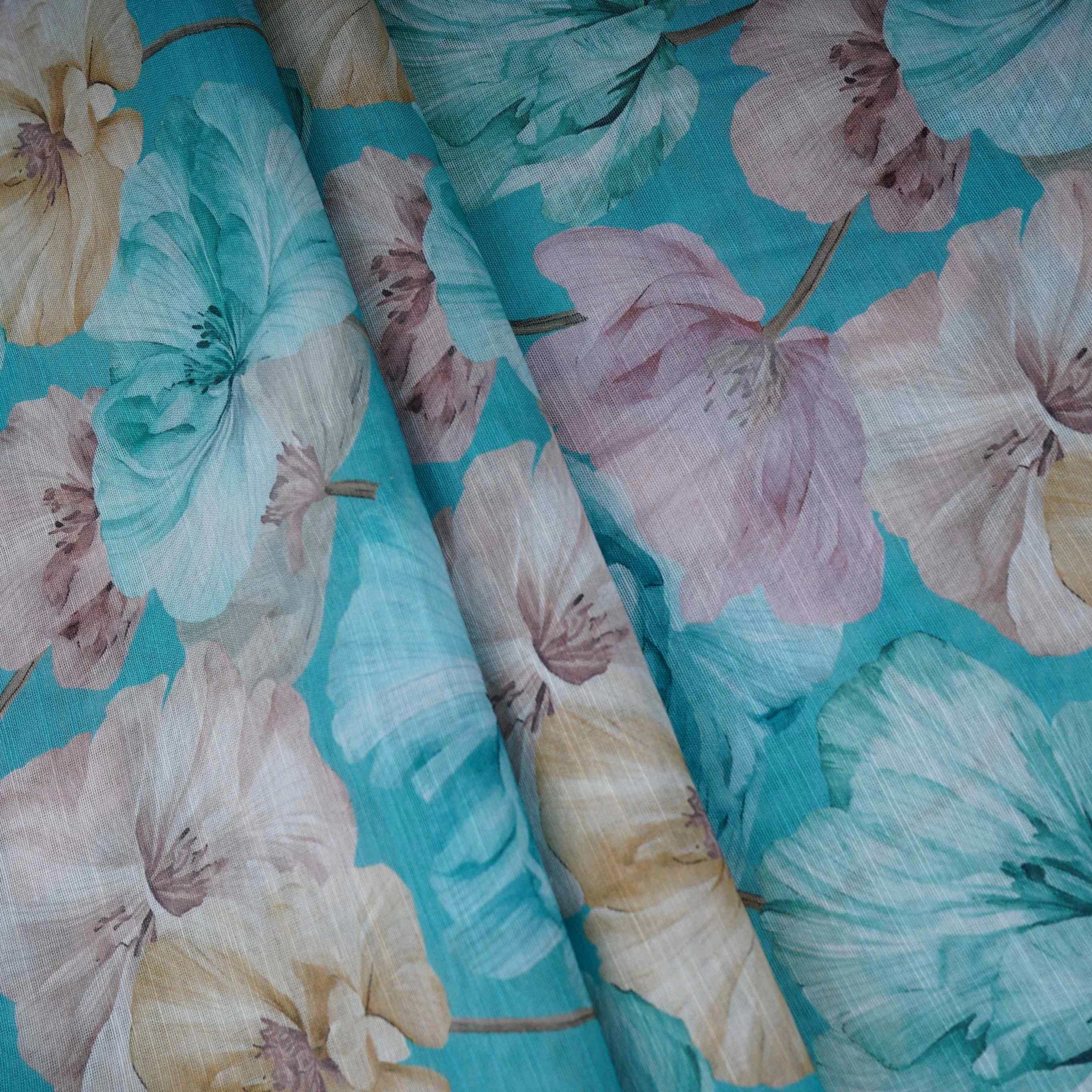Aqua Blue Floral Print Cotton Linen Fabric RT-30917 - Image 4