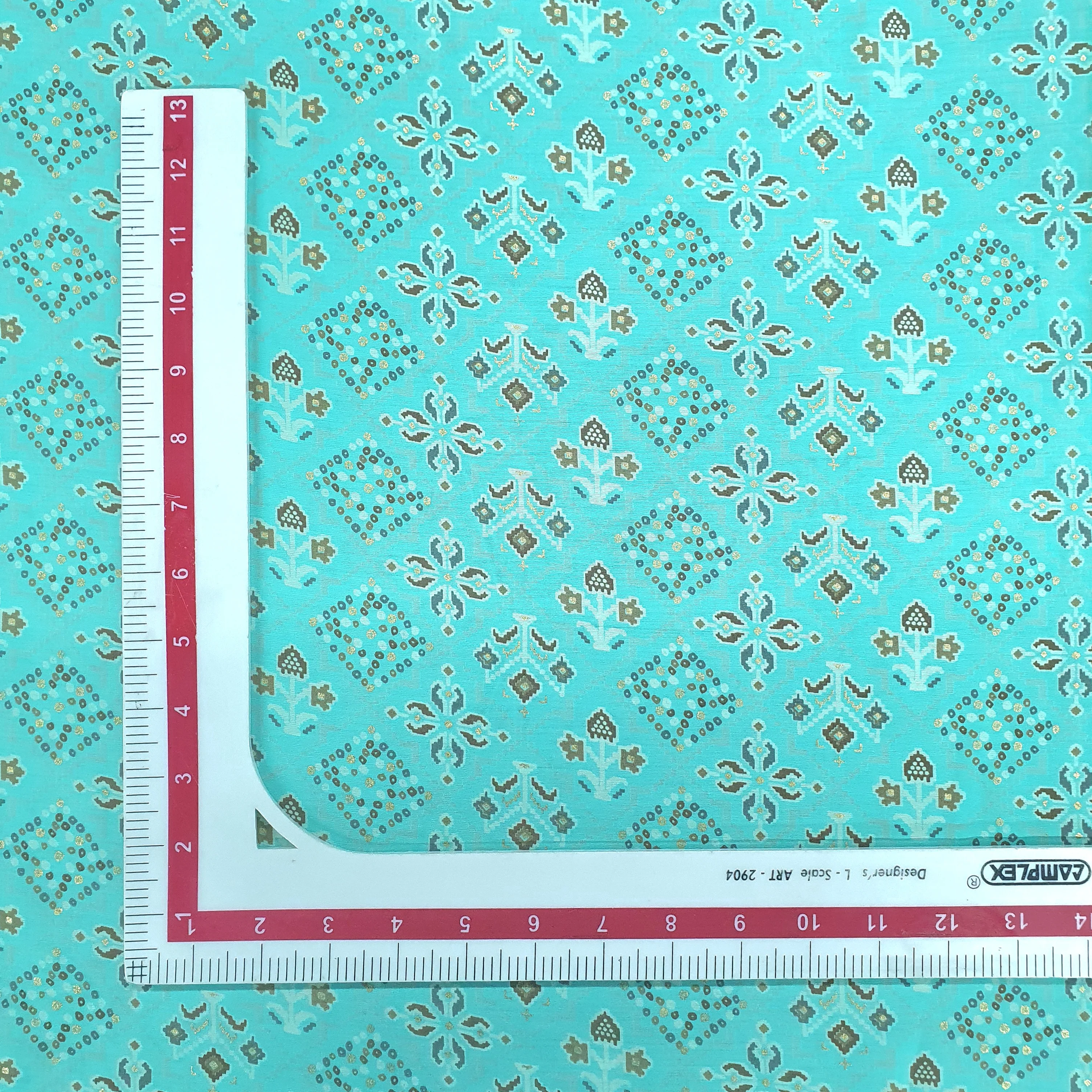 Aqua Blue Traditional With Foil Print Rayon Fabric - Image 2