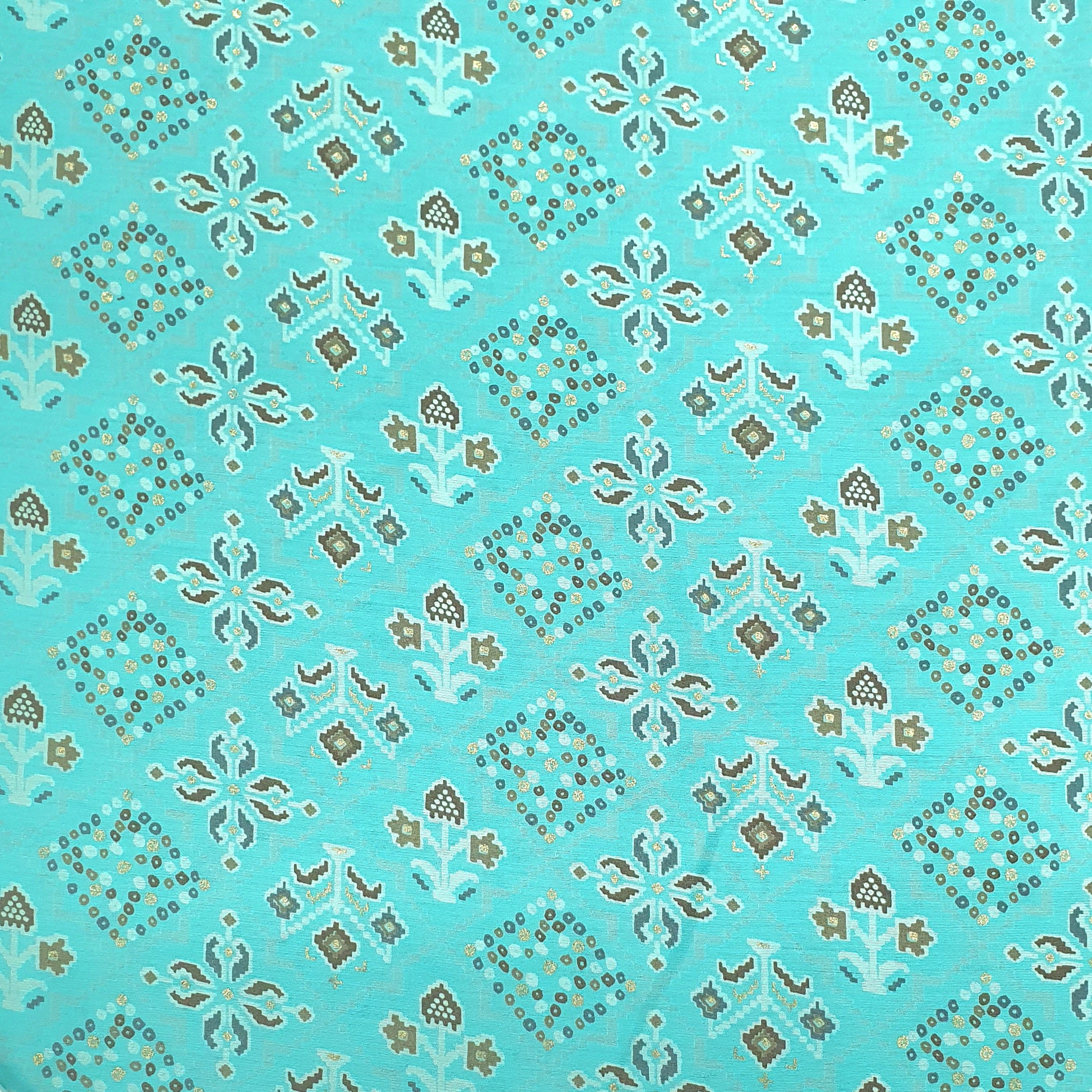 Aqua Blue Traditional With Foil Print Rayon Fabric - Image 3