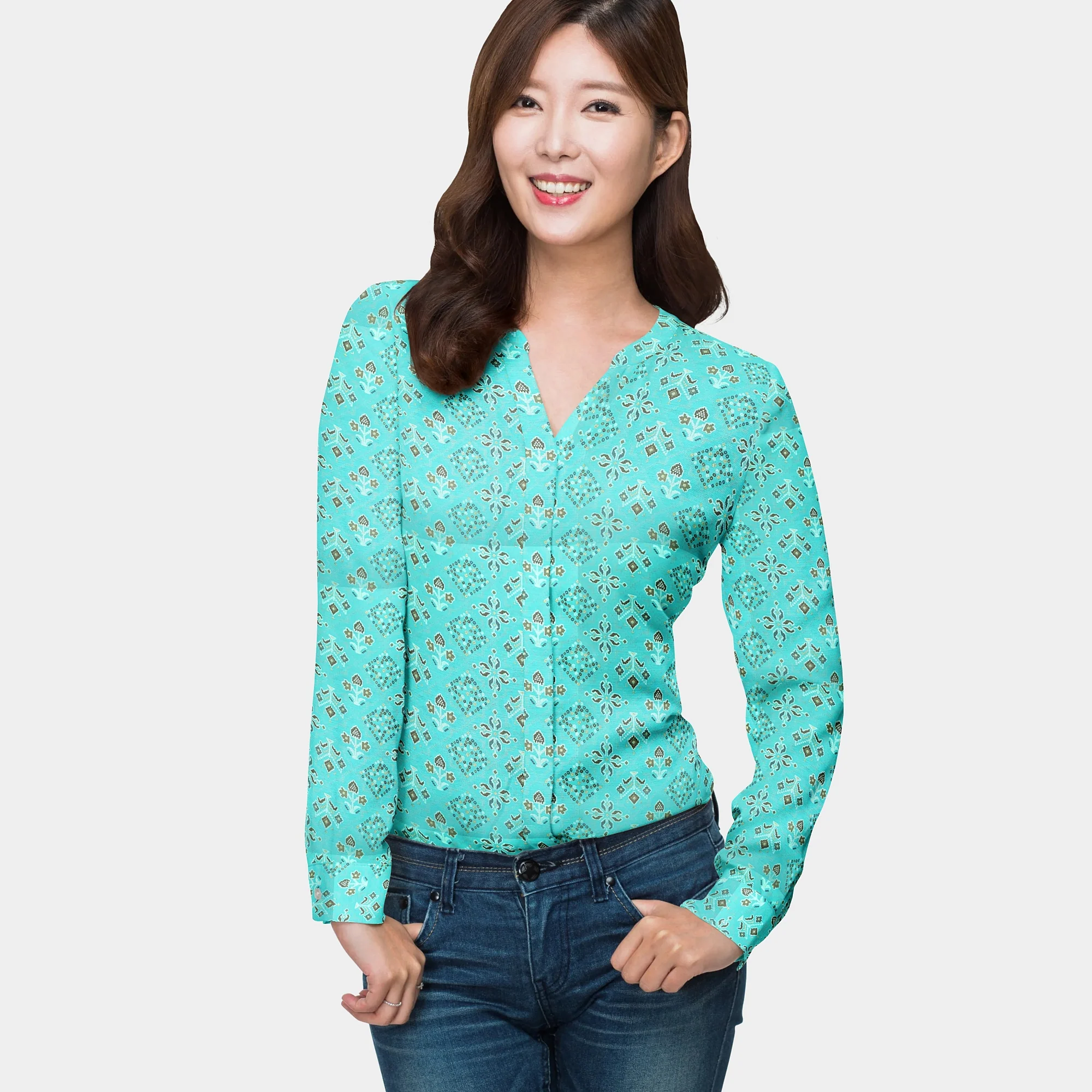 Aqua Blue Traditional With Foil Print Rayon Fabric - Image 5