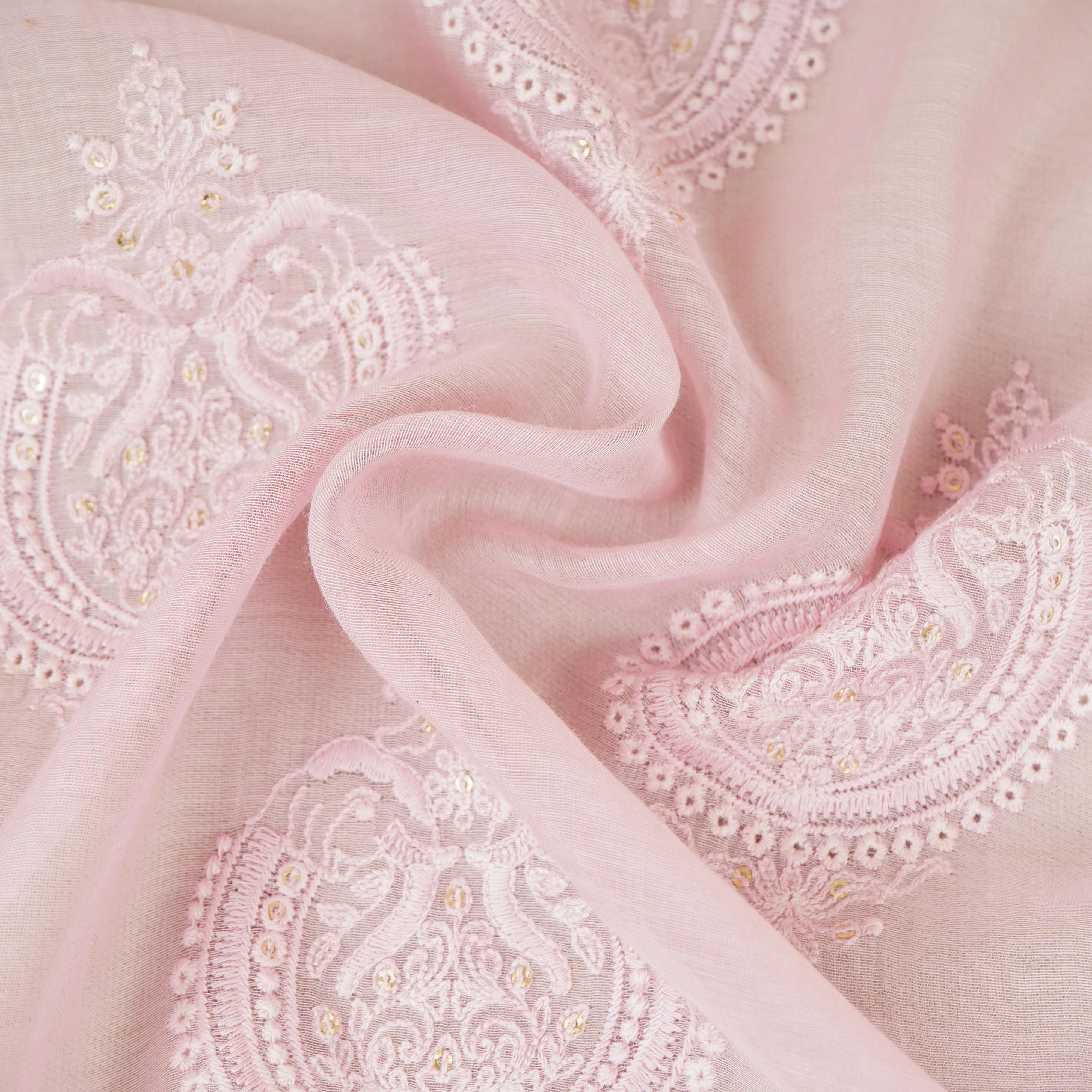 Baby Pink Chikankari motif embroidery Mul Chanderi Fabric SNA-29624 - Image 3