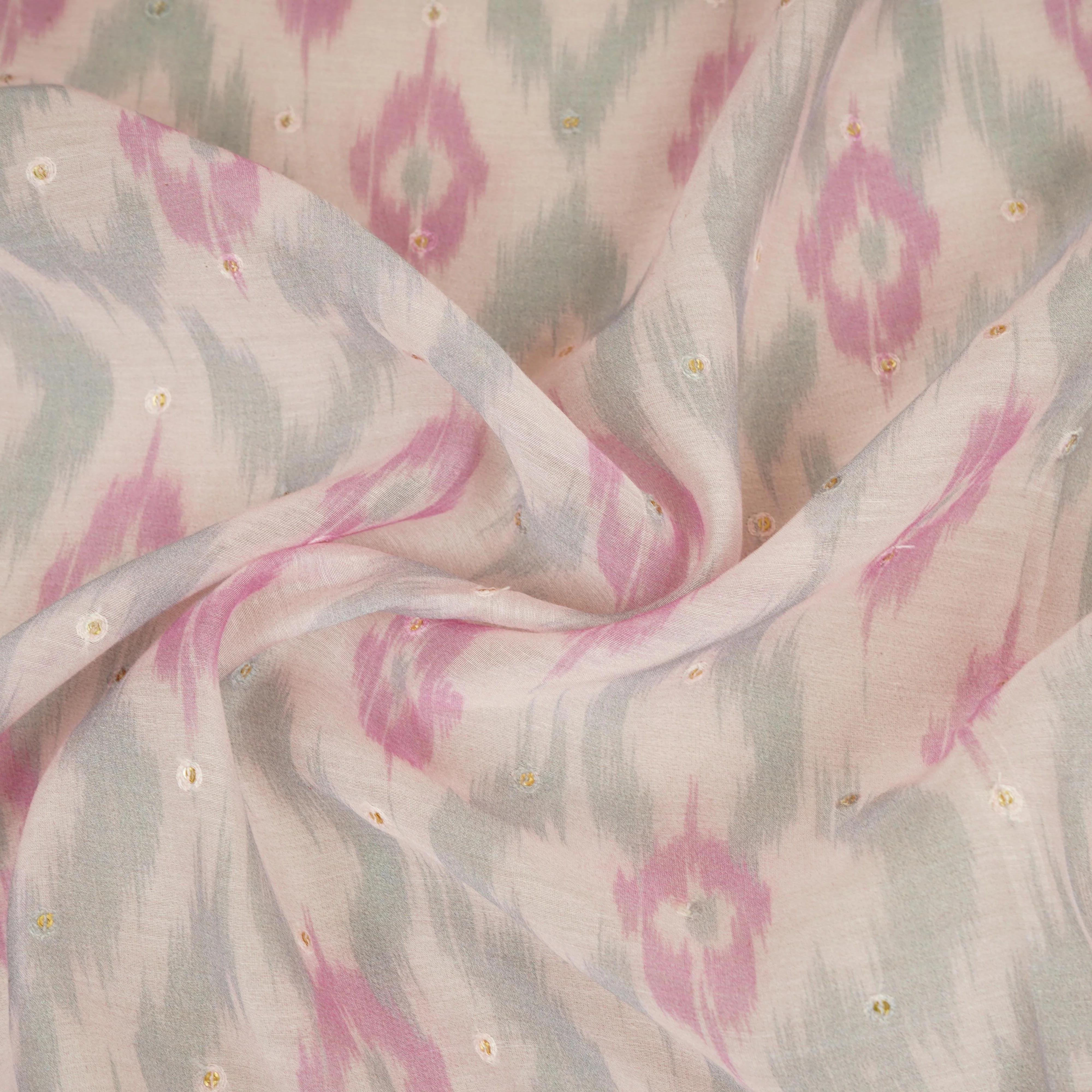 Baby Pink Ikkat print mukaish work Mul Chanderi Fabric SNA-29625 - Image 3