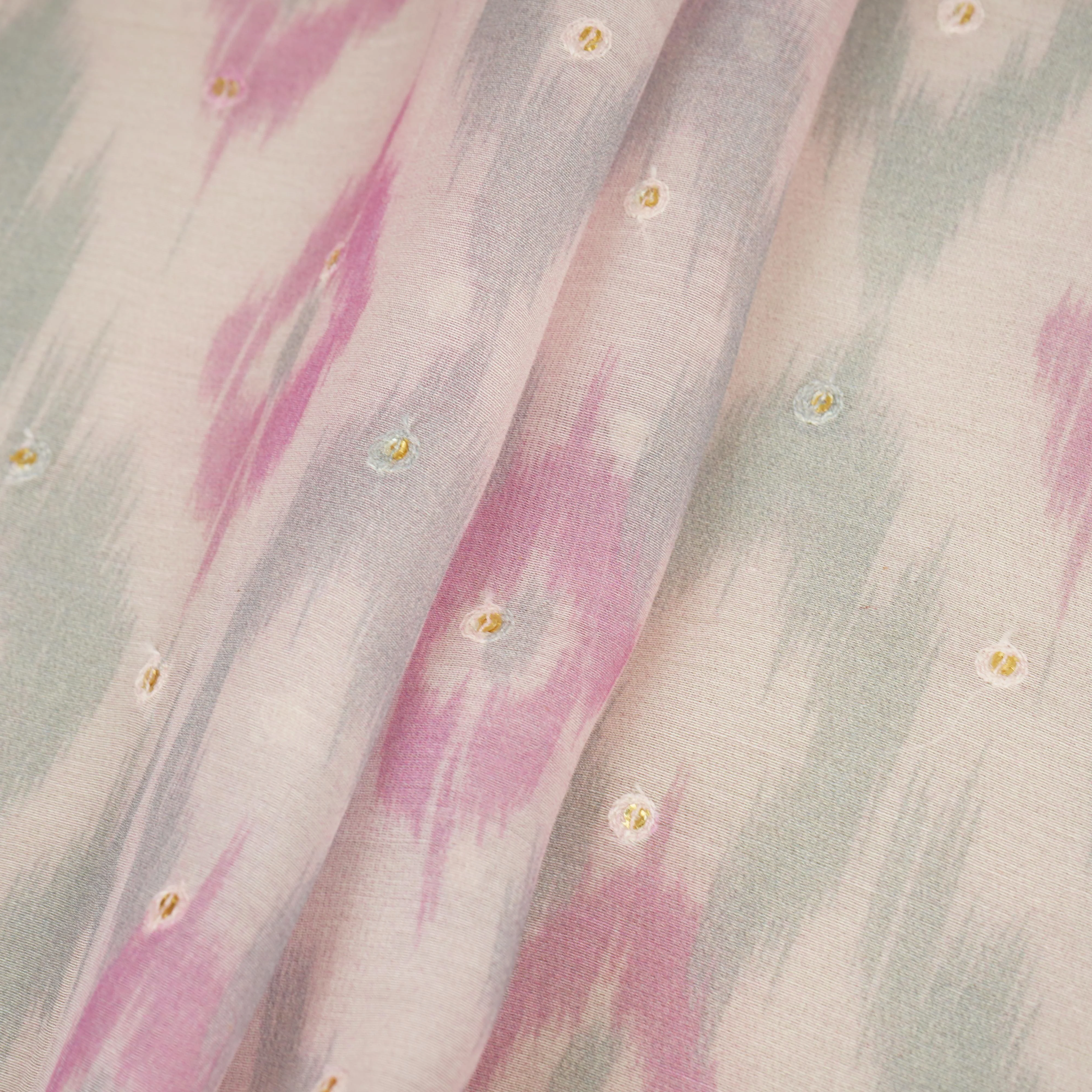 Baby Pink Ikkat print mukaish work Mul Chanderi Fabric SNA-29625 - Image 4