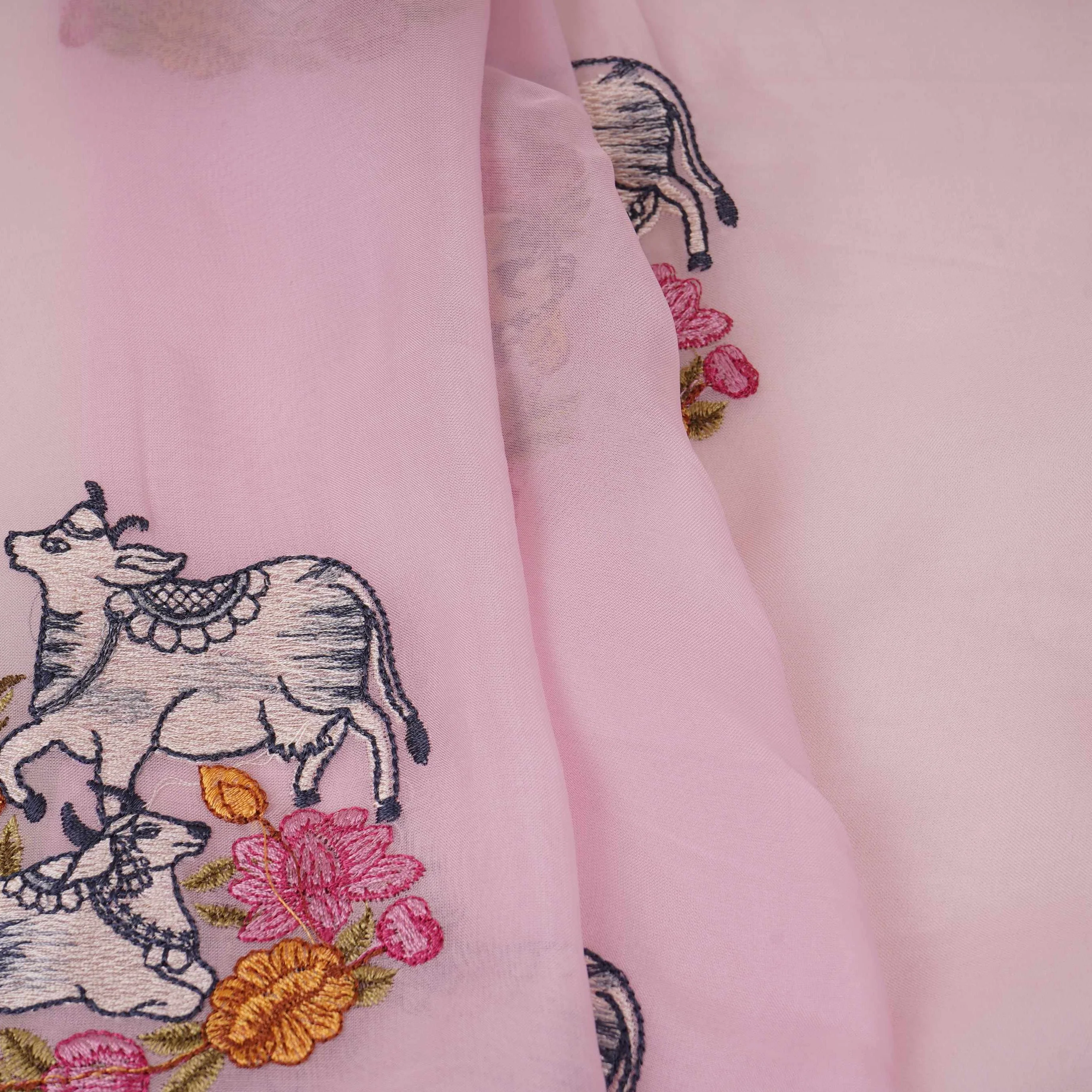Baby Pink Pichwai embroidery Organza Fabric VFS-31537 - Image 3