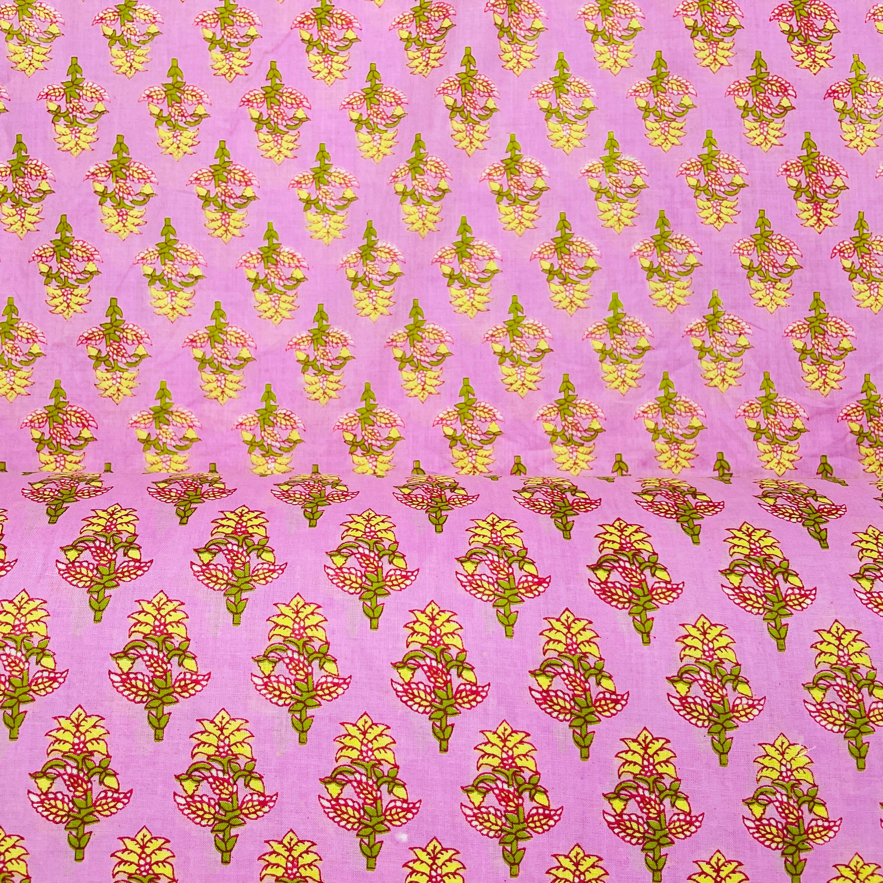 Baby Pink & Yellow Floral Print Cotton Fabric - Image 3