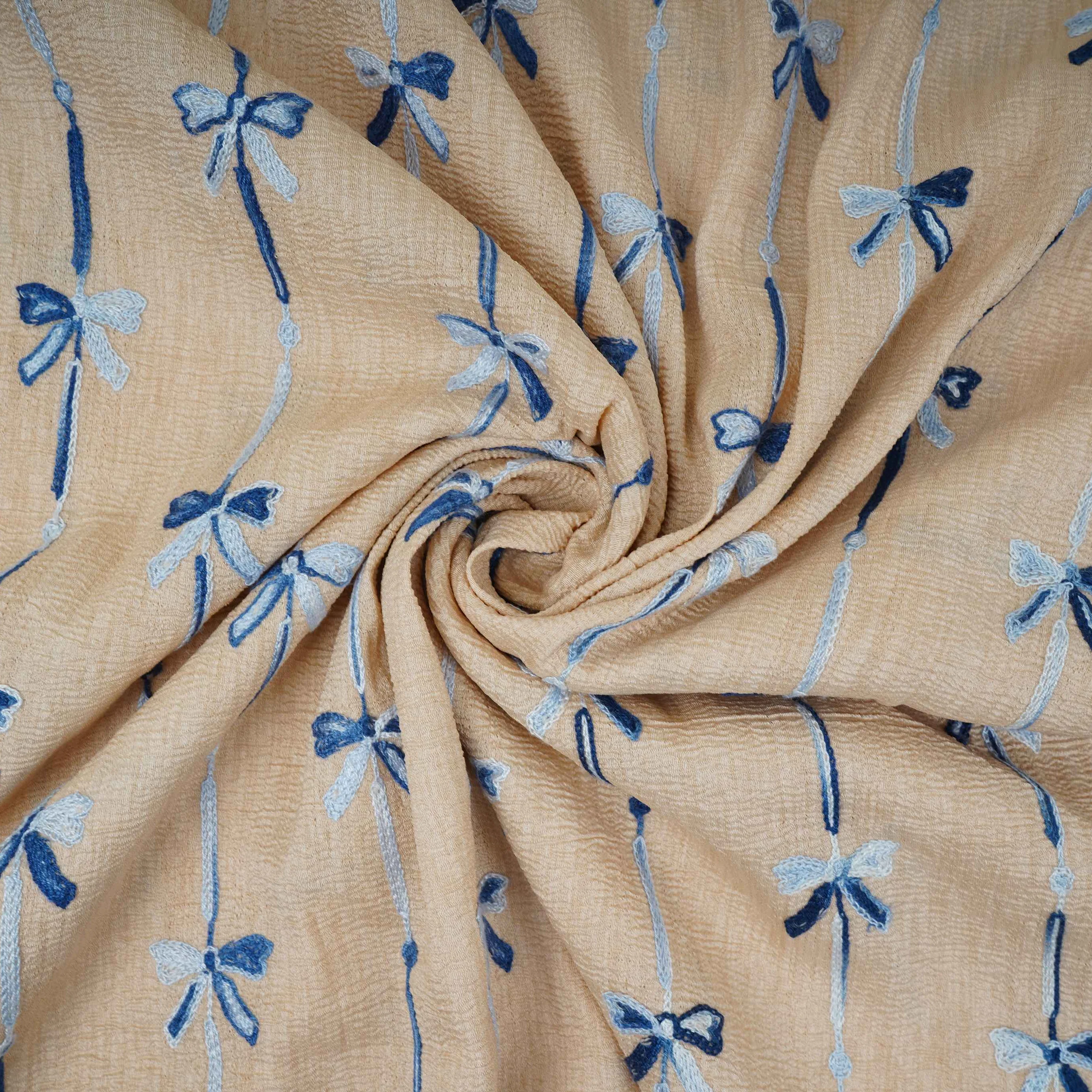 Beige Bow Stripes embroidery Chinon Cotton Slub Fabric SFG-31709 - Image 4
