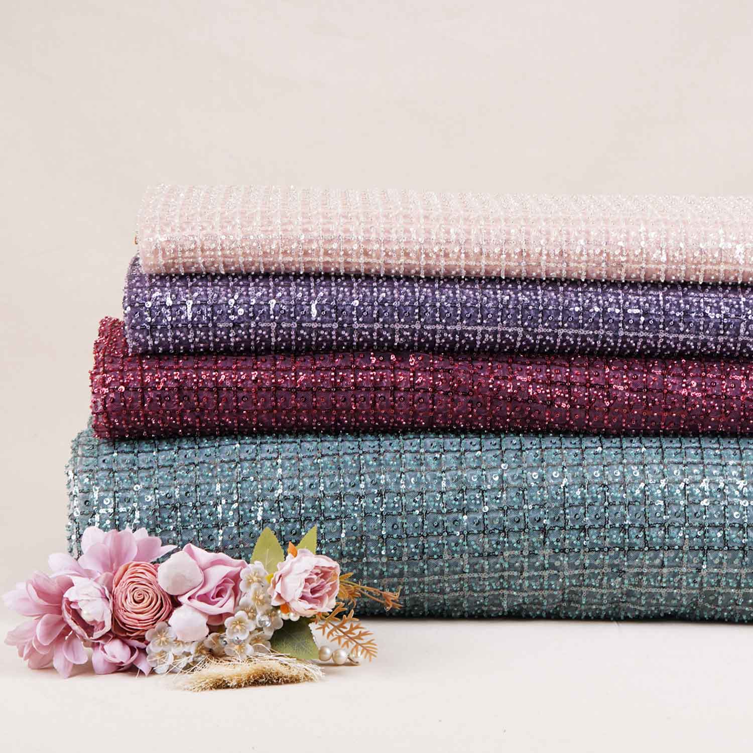 Premium Glacier Green Heavy Pearl Sequins CutDana Embroidery Net Fabric - Image 5