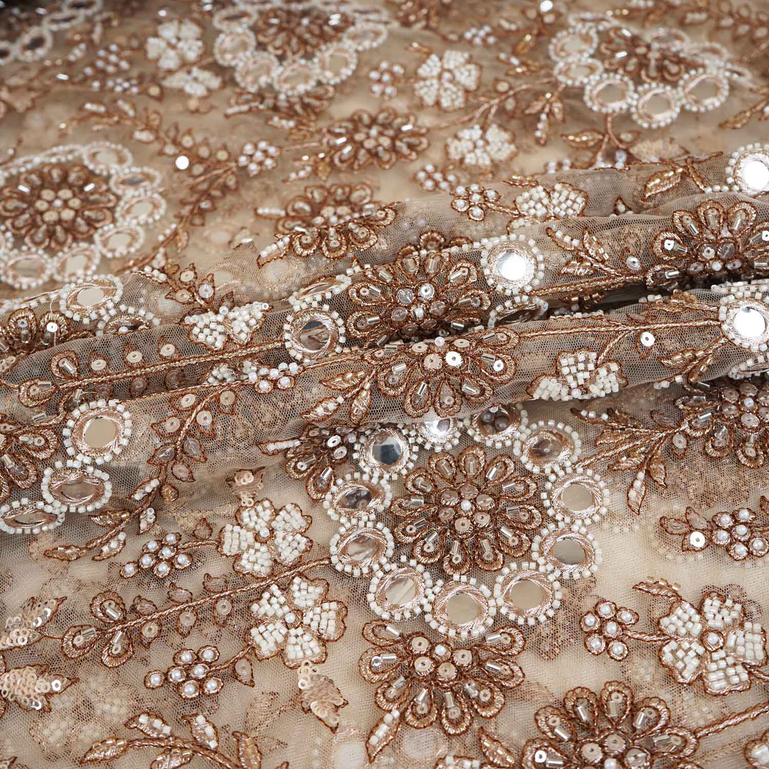 Beige Dyeable Pearl And Mirror Work Net Fabric SG-29005 - Image 2