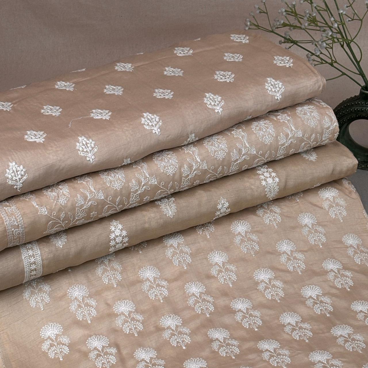 Beige Floral Embroidery Dyeable Dola Silk Fabric VI-30067 - Image 5