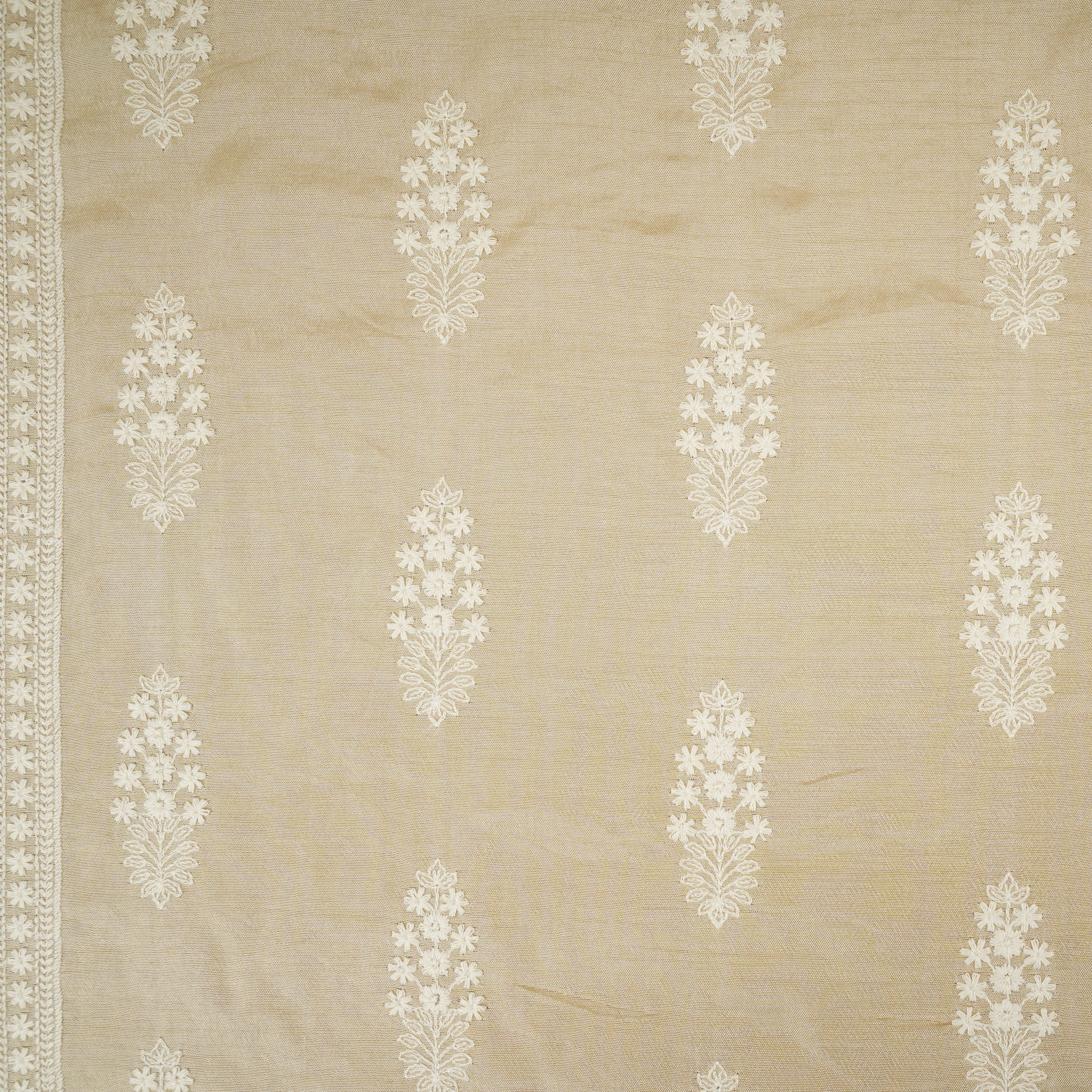 Beige Floral Embroidery Dyeable Dola Silk Fabric VI-30069 - Image 2