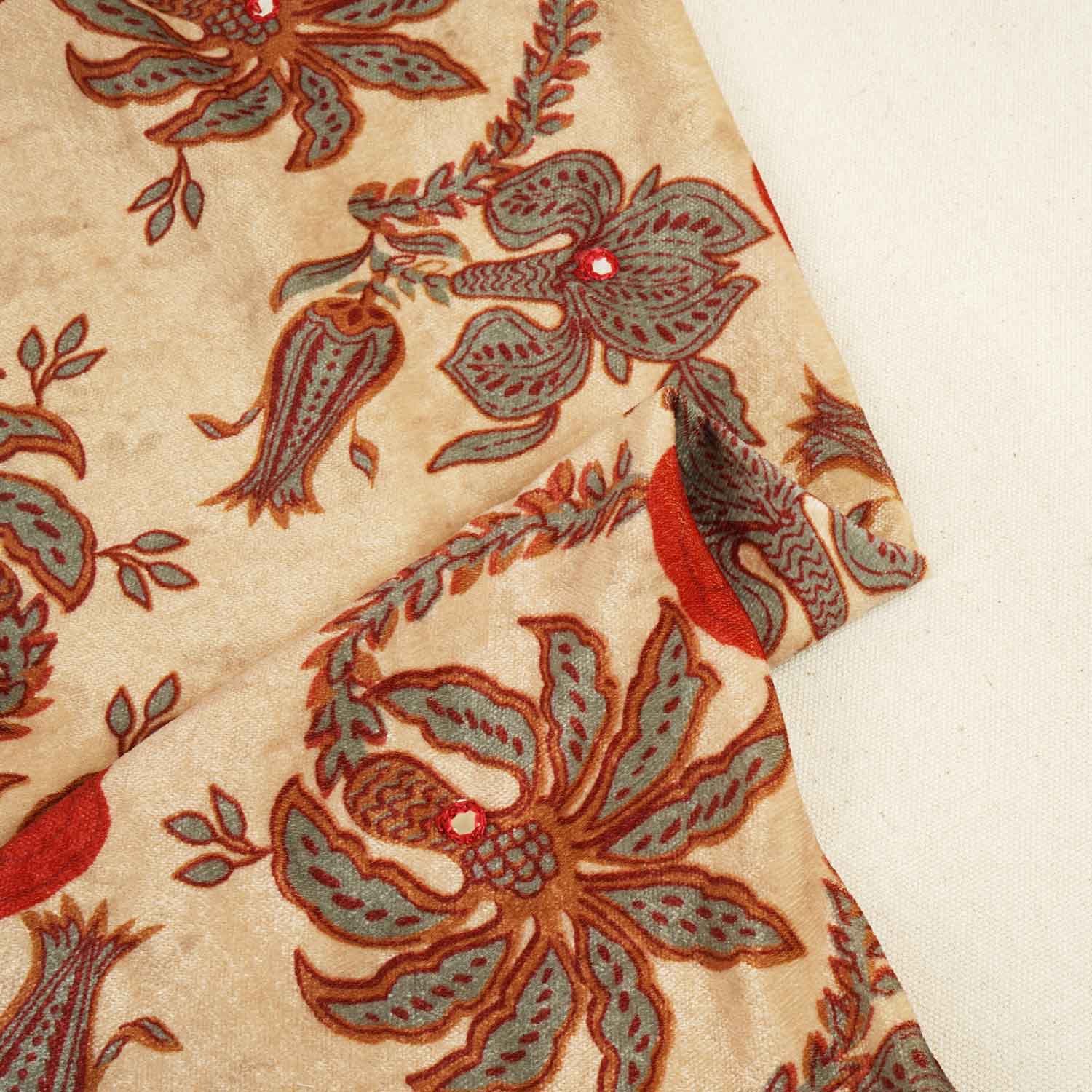 Beige Floral Mirror Work Micro Velvet 9000 Fabric MT-28260 - Image 2