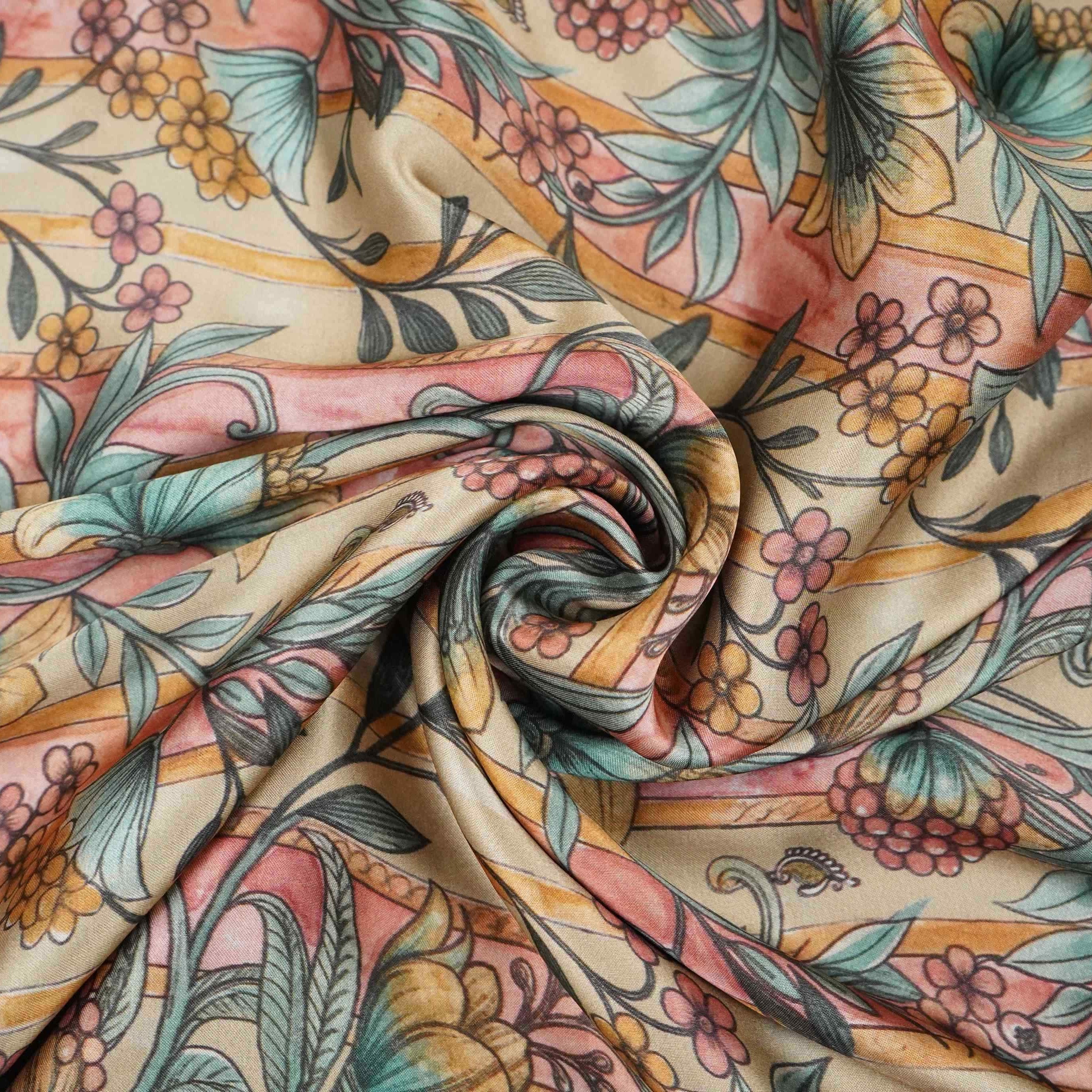 Beige Kalamkari stripes print Bemberg Modal Silk Fabric KTP-31397 - Image 5