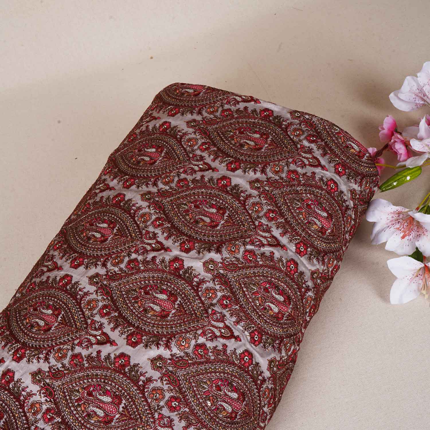 Beige Kashmiri Embroidery Raw Silk Fabric DR-28024