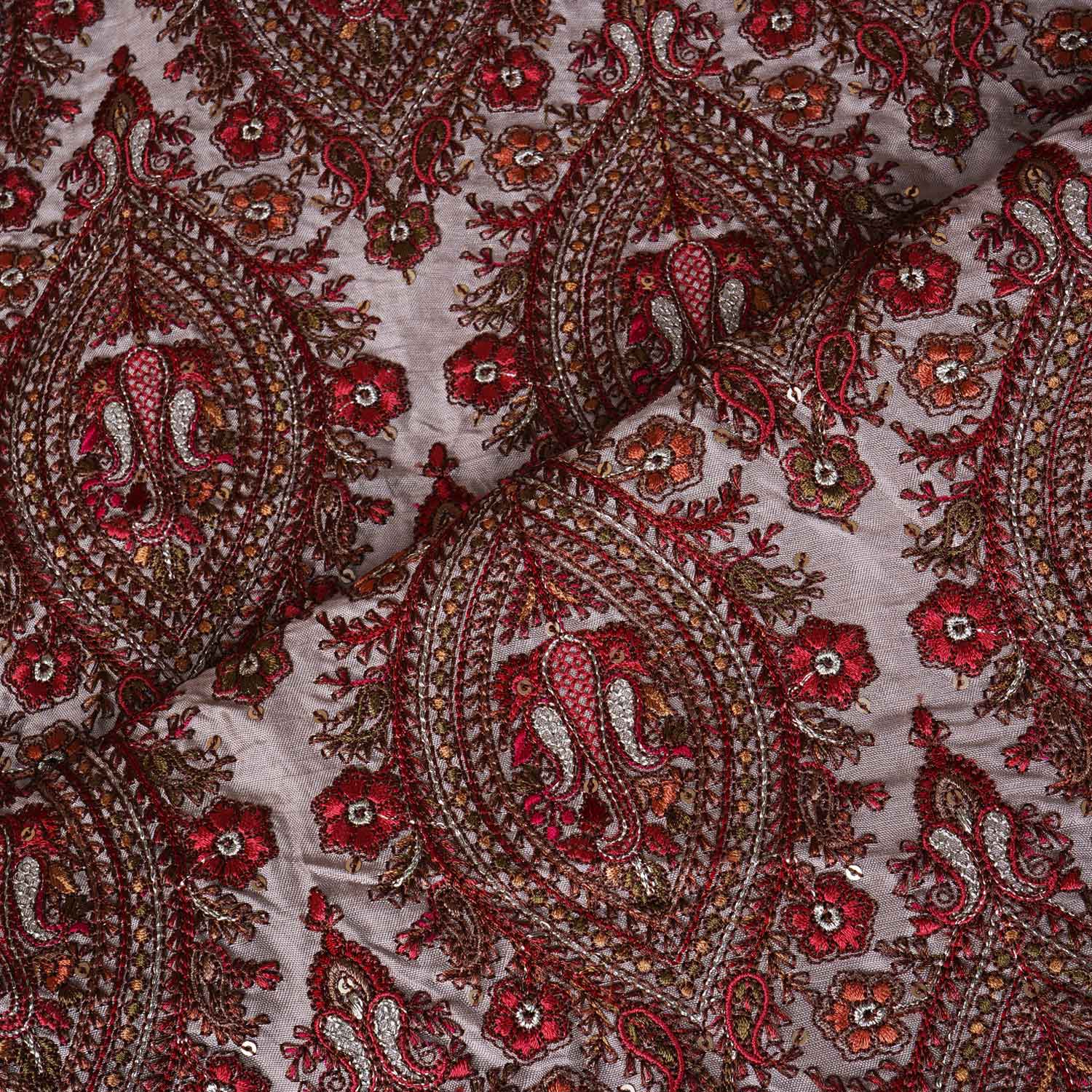 Beige Kashmiri Embroidery Raw Silk Fabric DR-28024 - Image 3