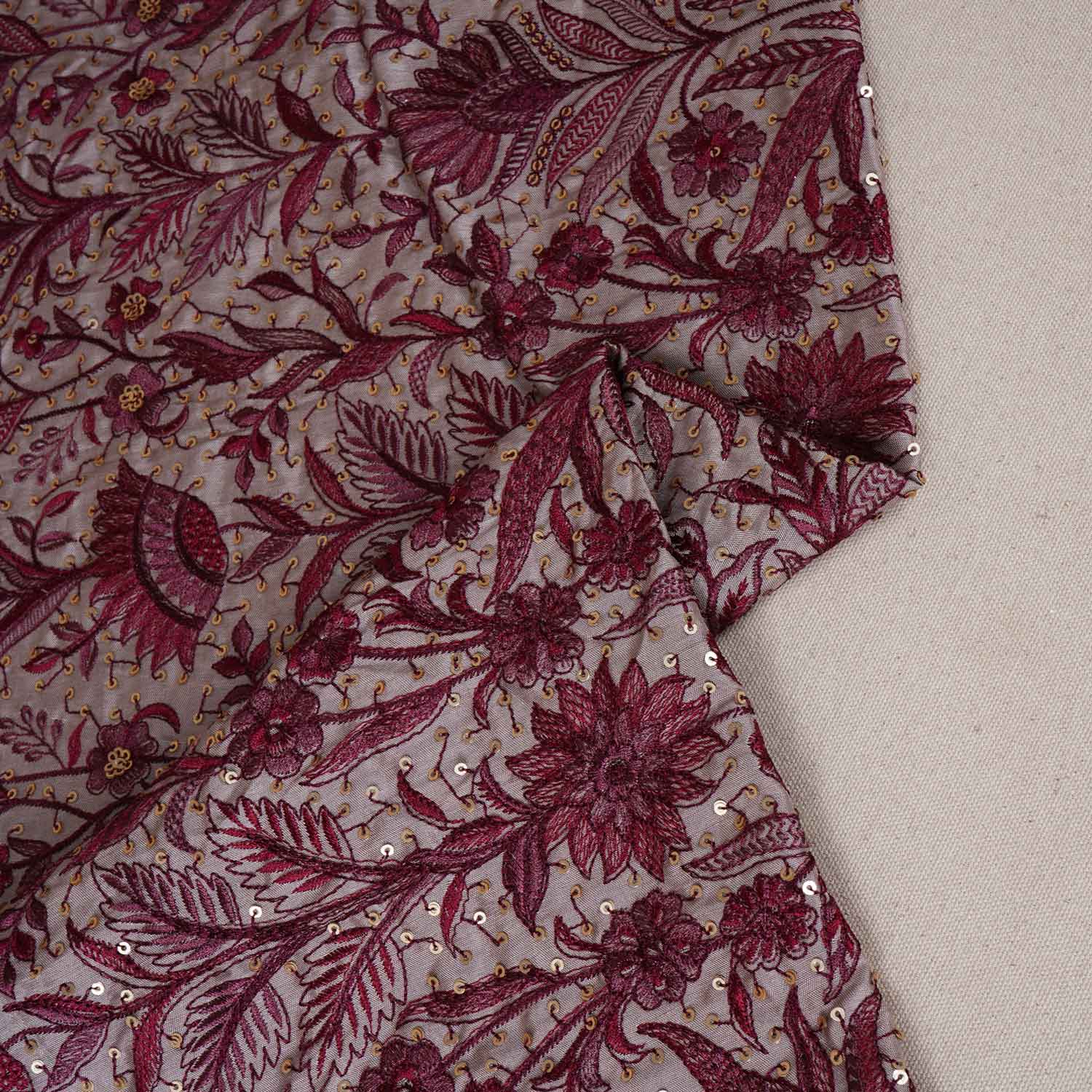 Beige & Pink Parsi gara embroidery Raw Silk Fabric DR-28041 - Image 2