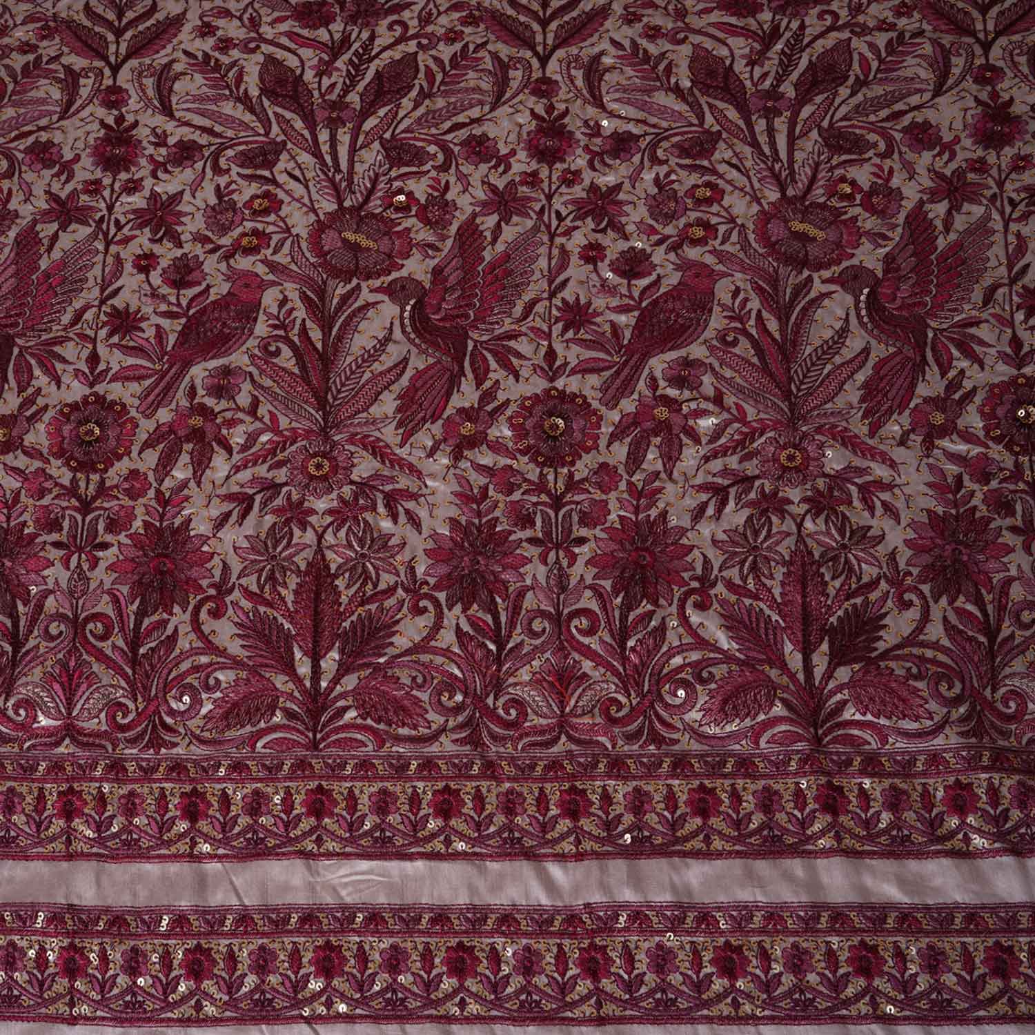 Beige & Pink Parsi gara embroidery Raw Silk Fabric DR-28041 - Image 4