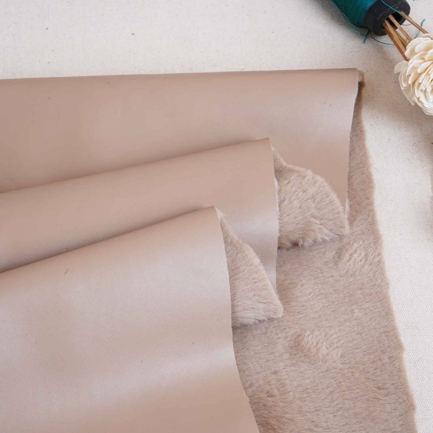 Beige Solid Leather Fur Fabric PDM-28534 - Image 2