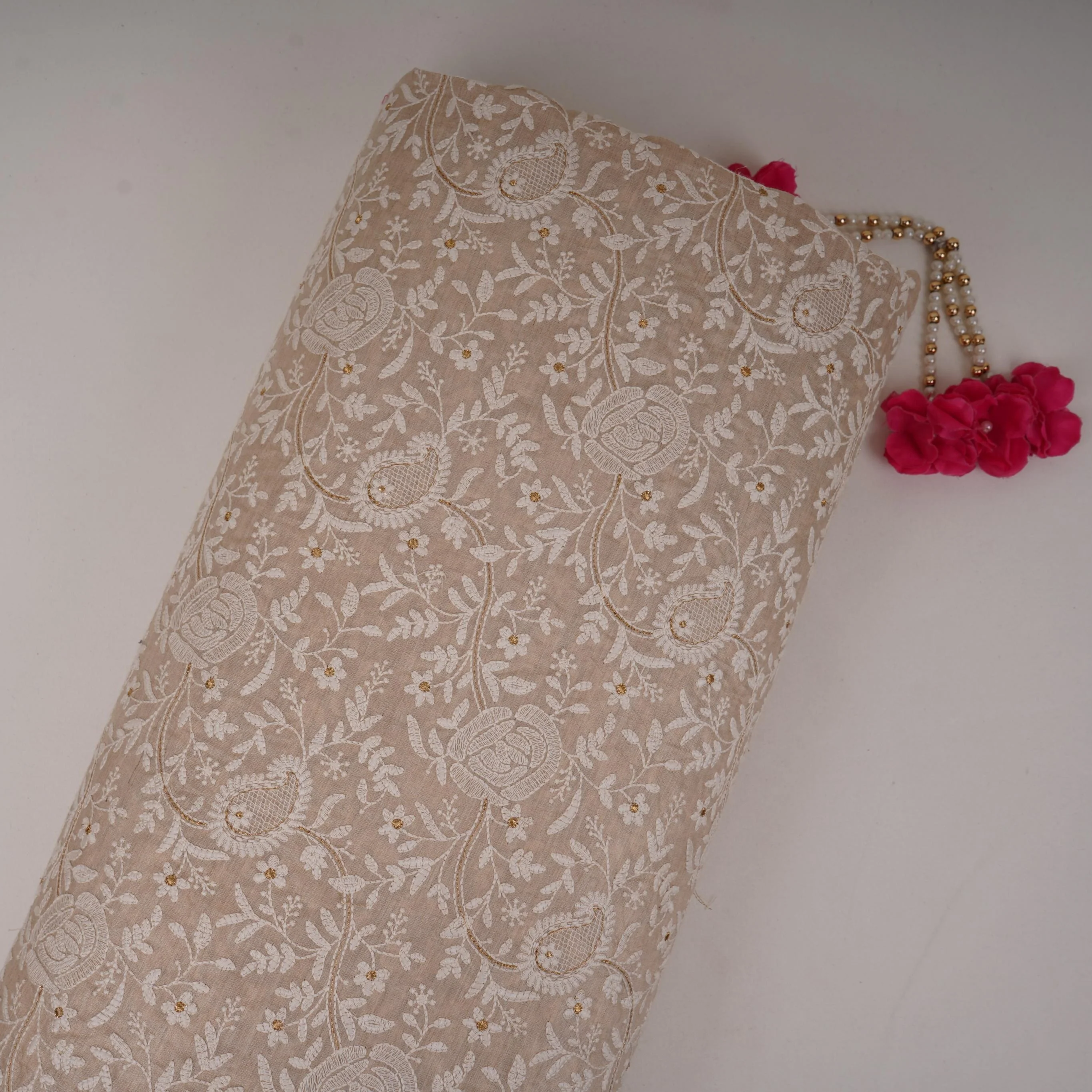 Beige thread embroidery Pure Munga Silk Fabric GPF-32247