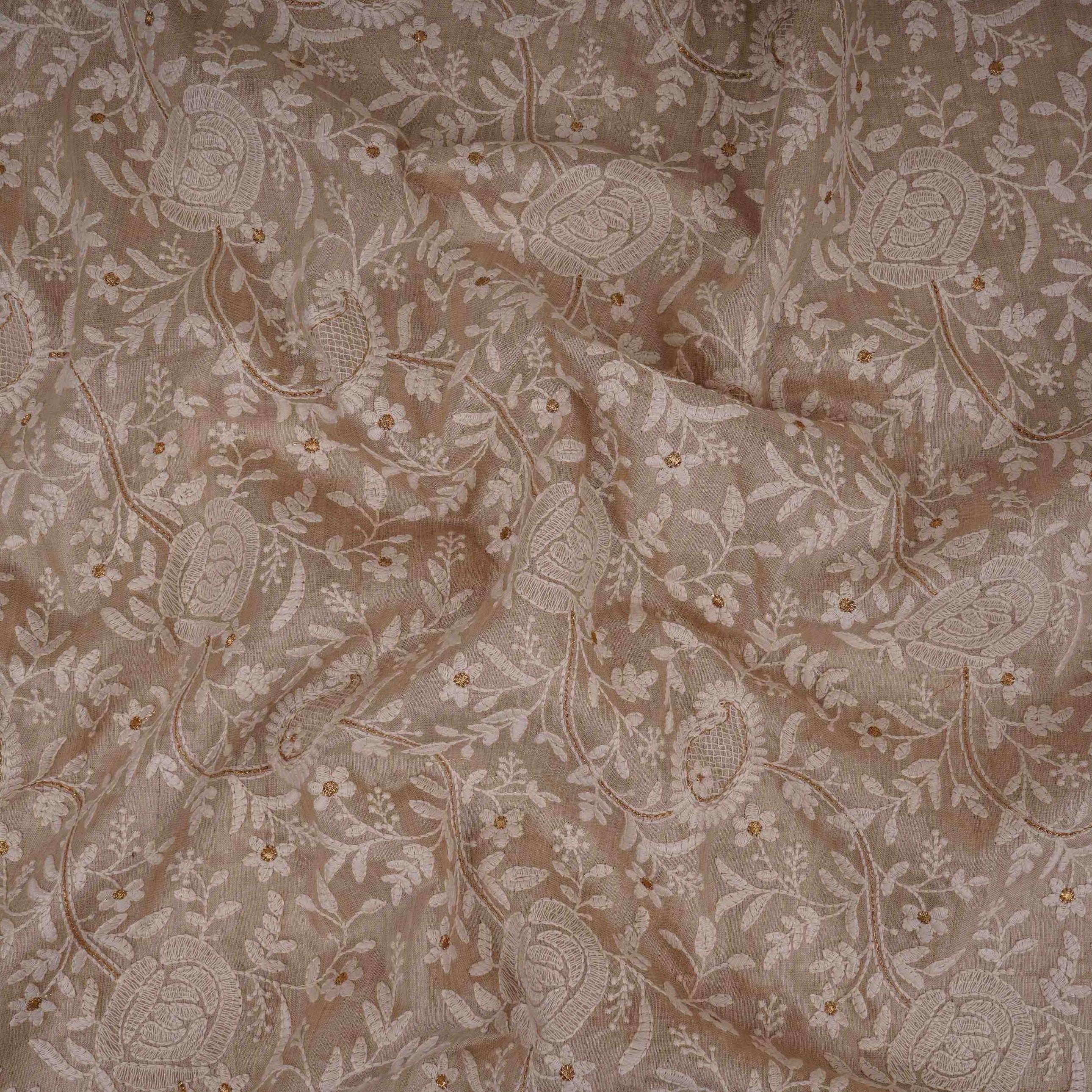 Beige thread embroidery Pure Munga Silk Fabric GPF-32247 - Image 3