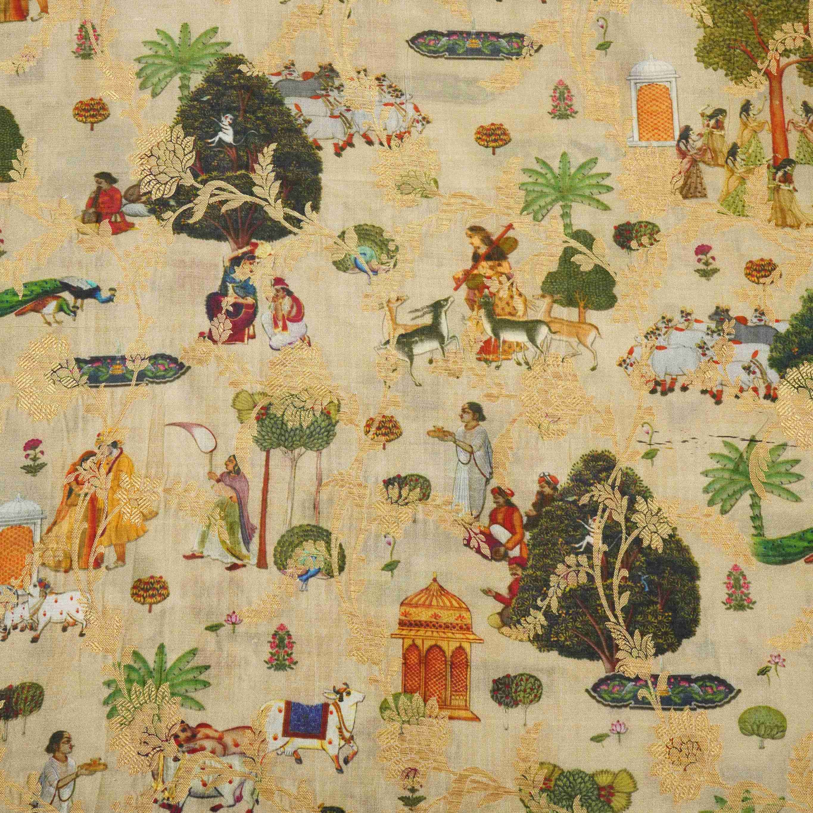 Beige Traditional Jacquard print Raw Mango Silk Fabric CW-31585 - Image 2