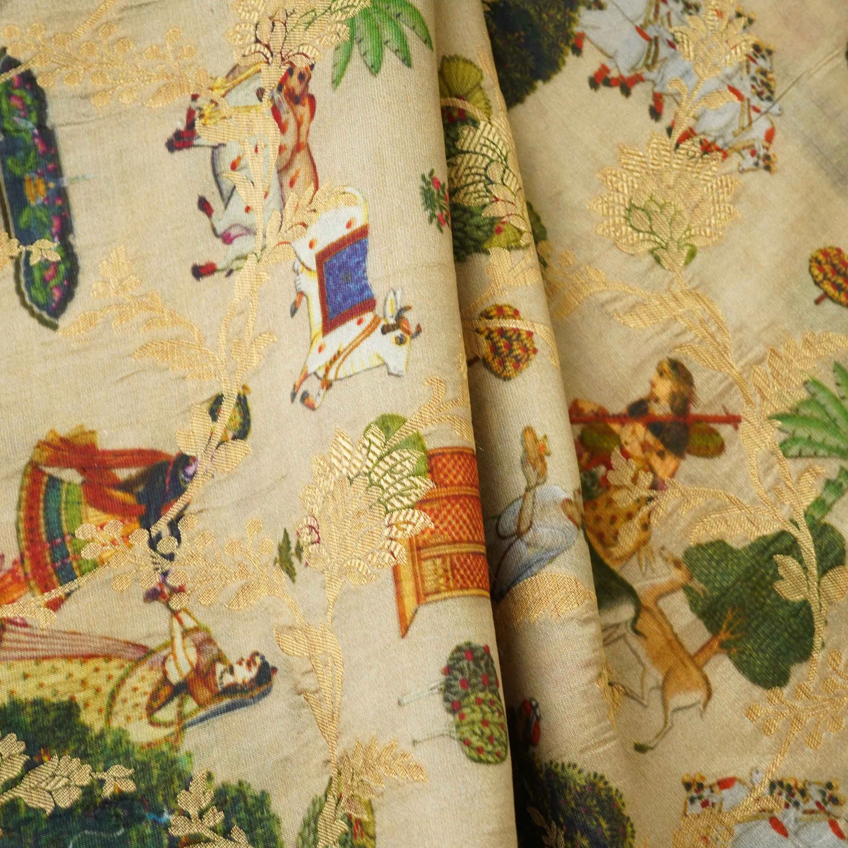 Beige Traditional Jacquard print Raw Mango Silk Fabric CW-31585 - Image 5