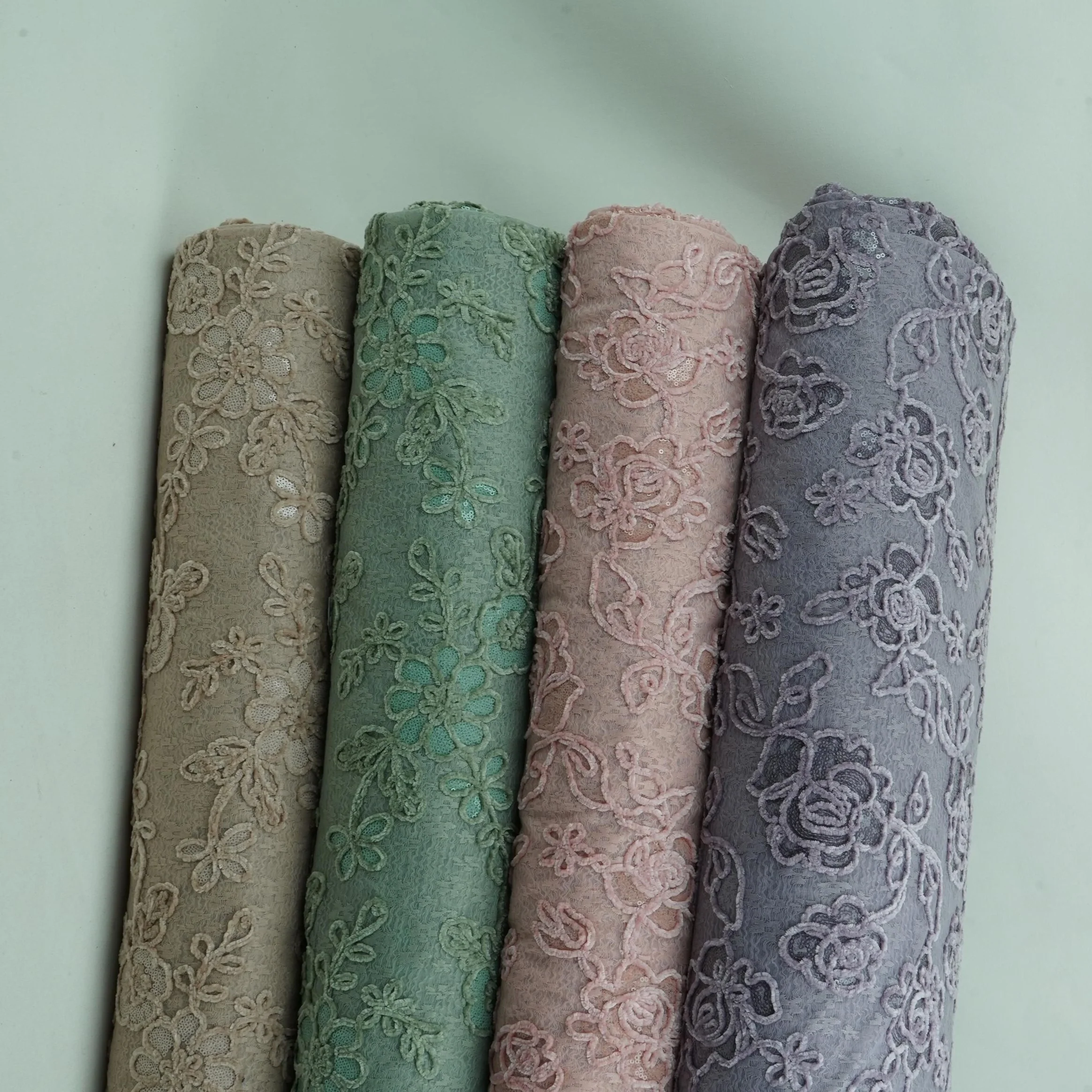 Beige Velvet Work Floral Embroidery Lace Fabric LI-32209 - Image 5