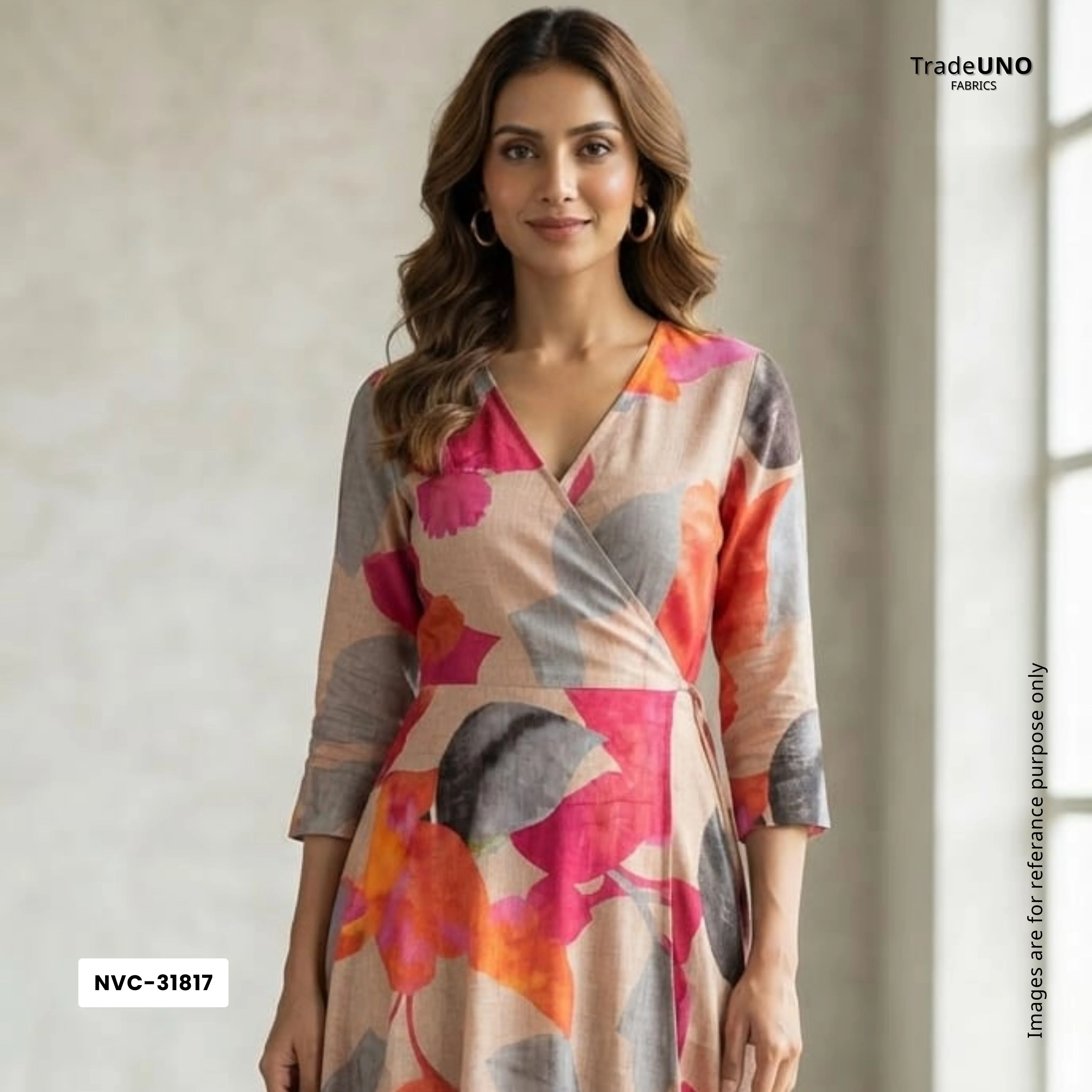 Beige with Multicolor Abstract print Crepe Fabric NVC-31817 - Image 6