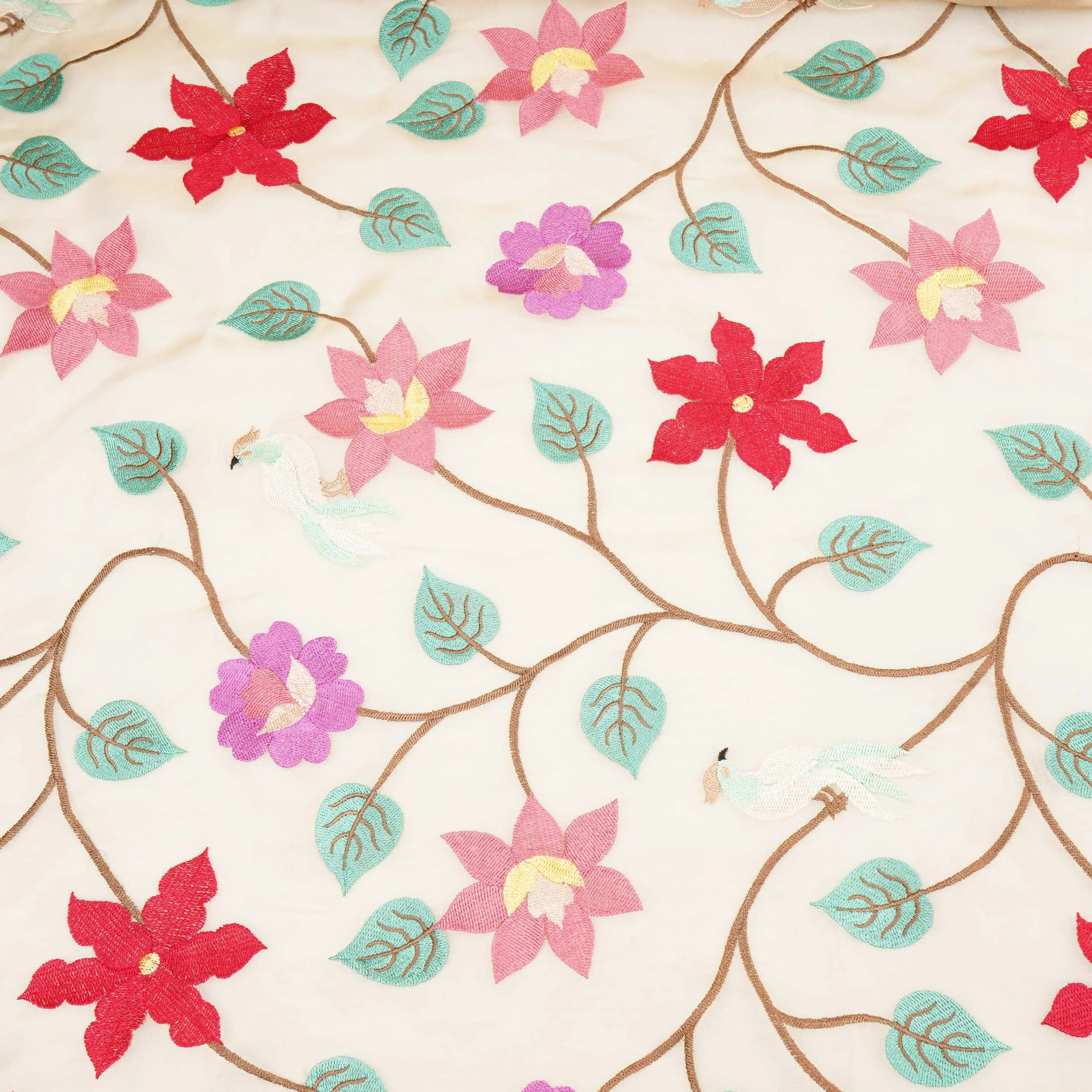 Beige with Multicolor thread floral embroidery Kanjivaram Silk Fabric TF-31441 - Image 2