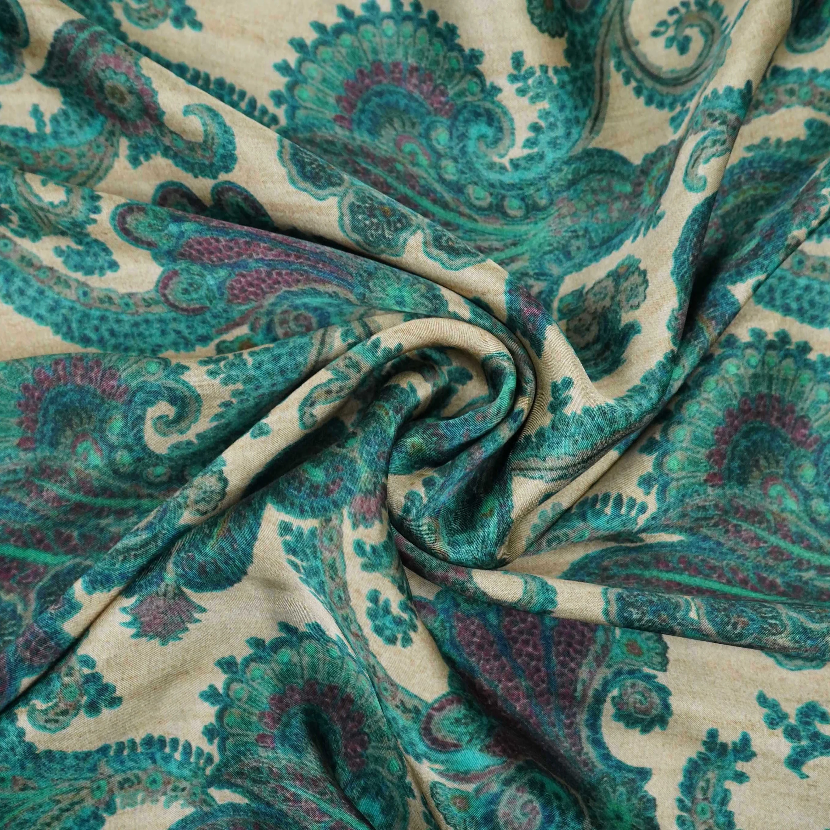 Beige with Teal Blue Paisley print Bemberg Modal Silk Fabric KTP-31387 - Image 4