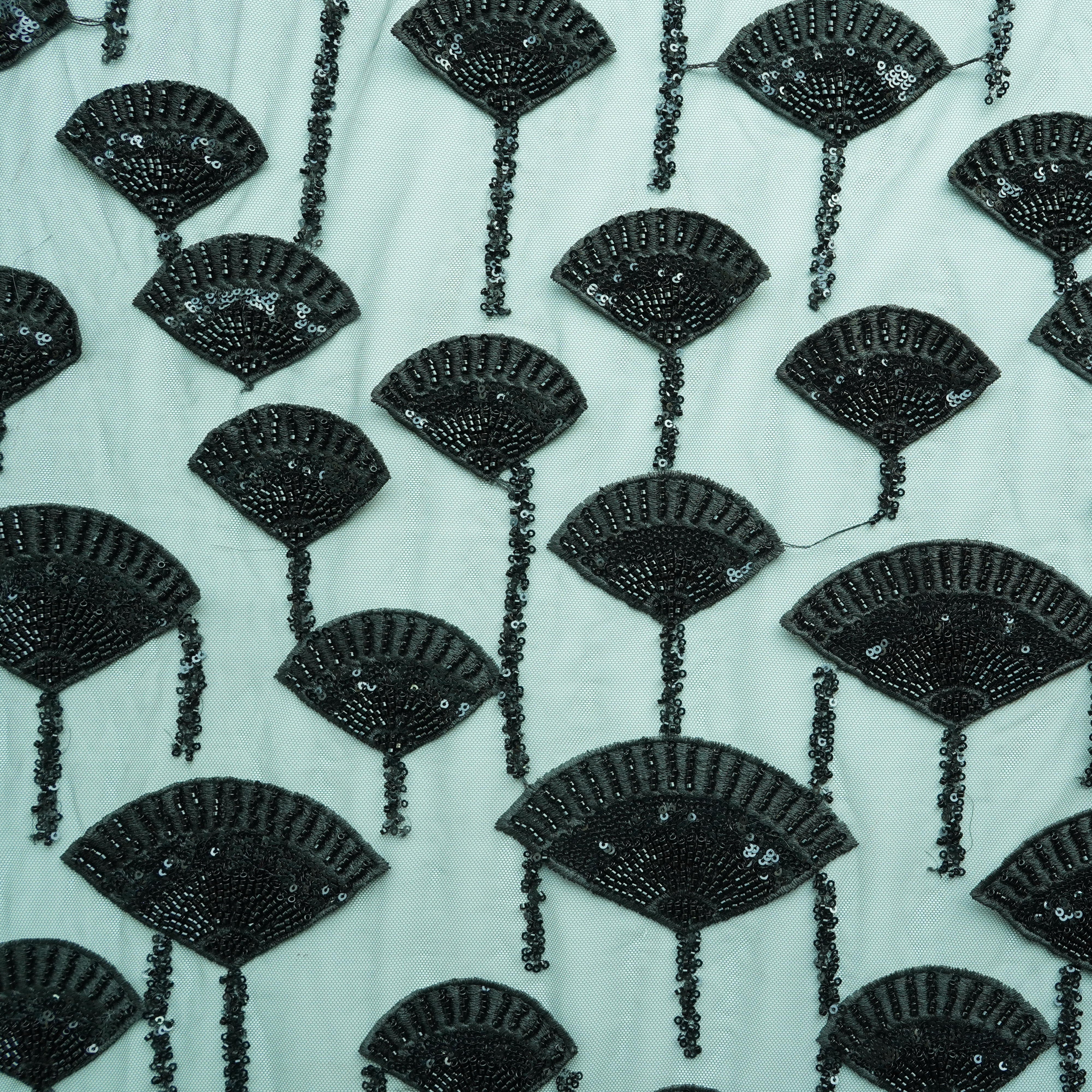 Black 3D Traditional Pearl Handwork Embroidery Net Fabric - Image 3
