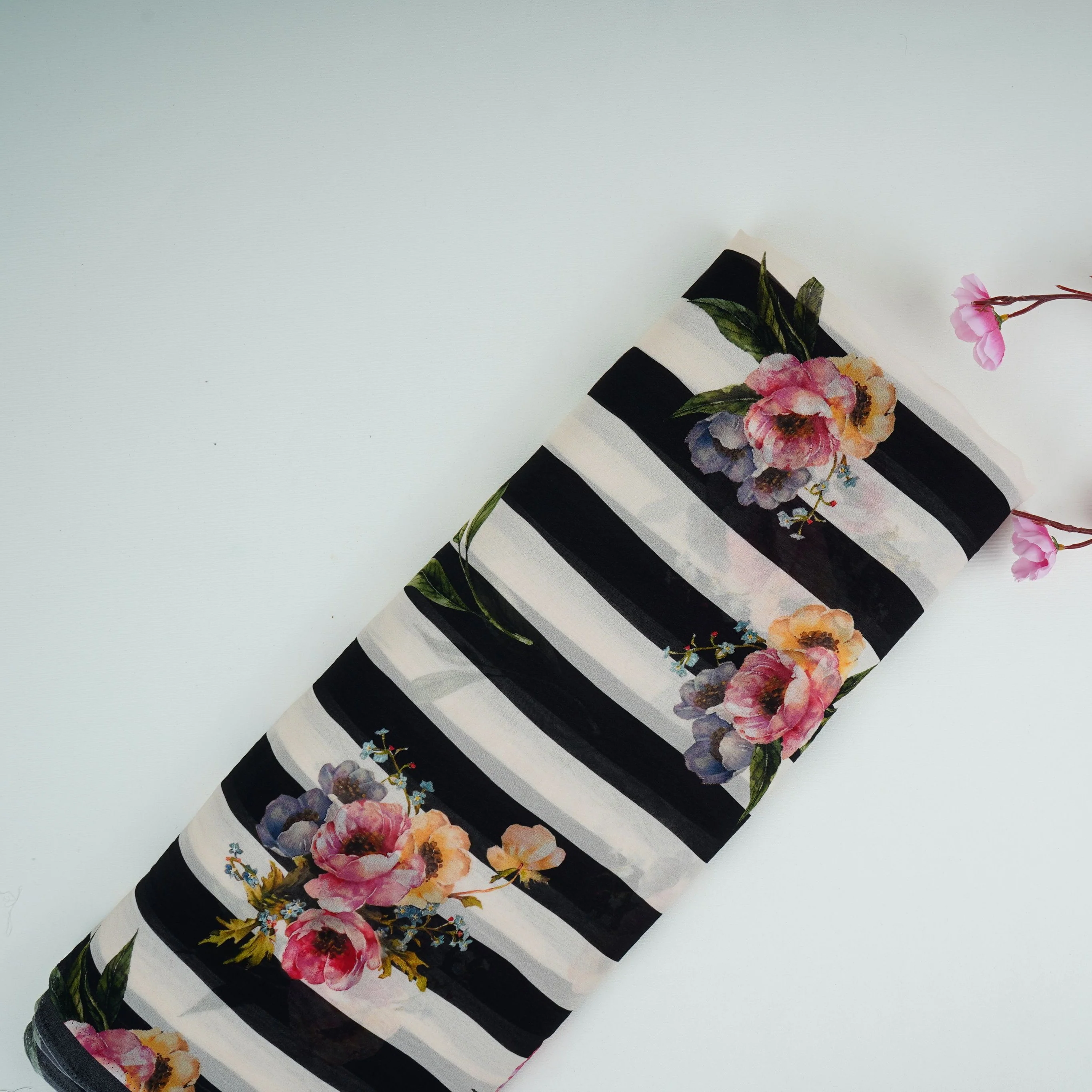 Black & Off White Stripes floral print Pure Georgette Fabric MTFG-31050