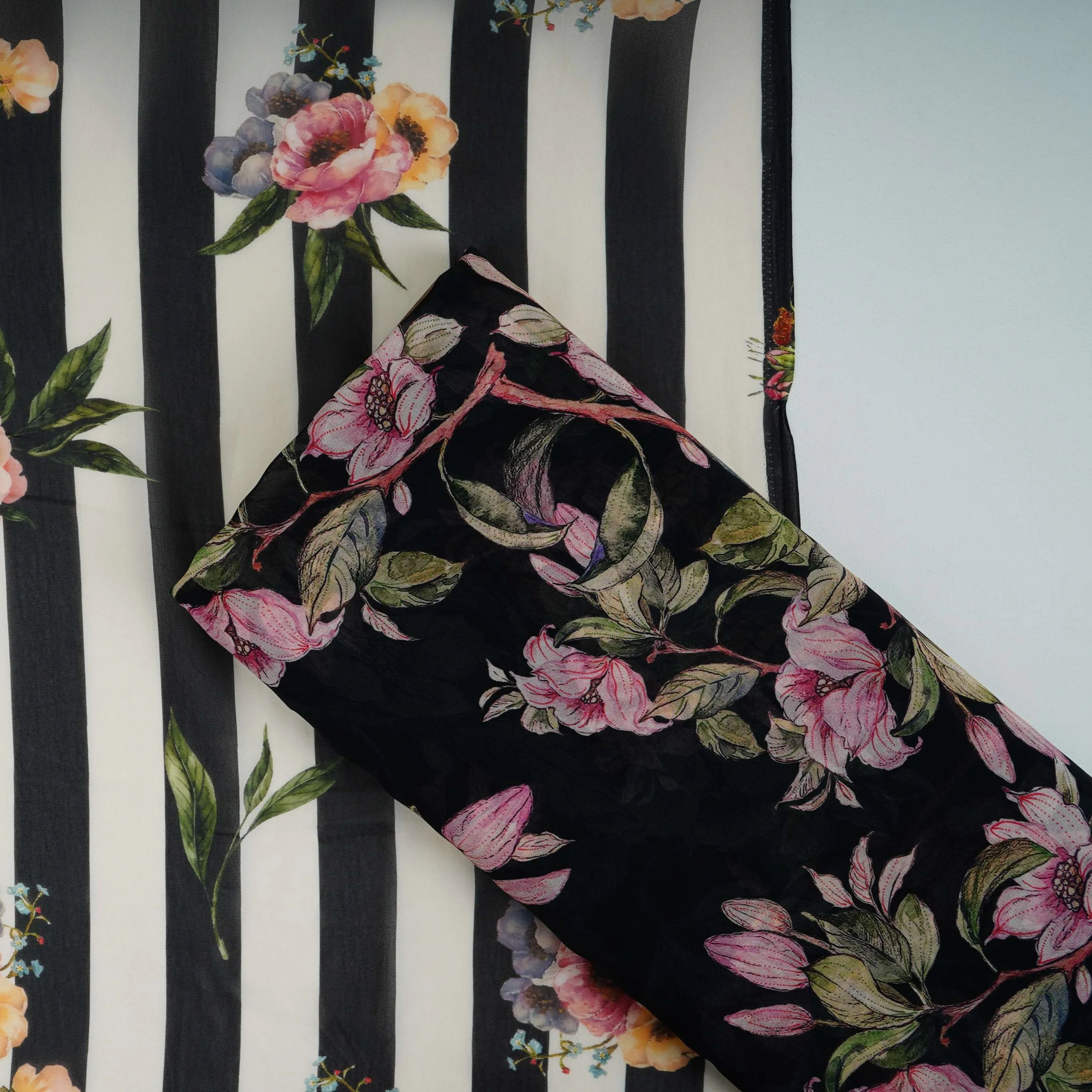 Black & Off White Stripes floral print Pure Georgette Fabric MTFG-31050 - Image 2