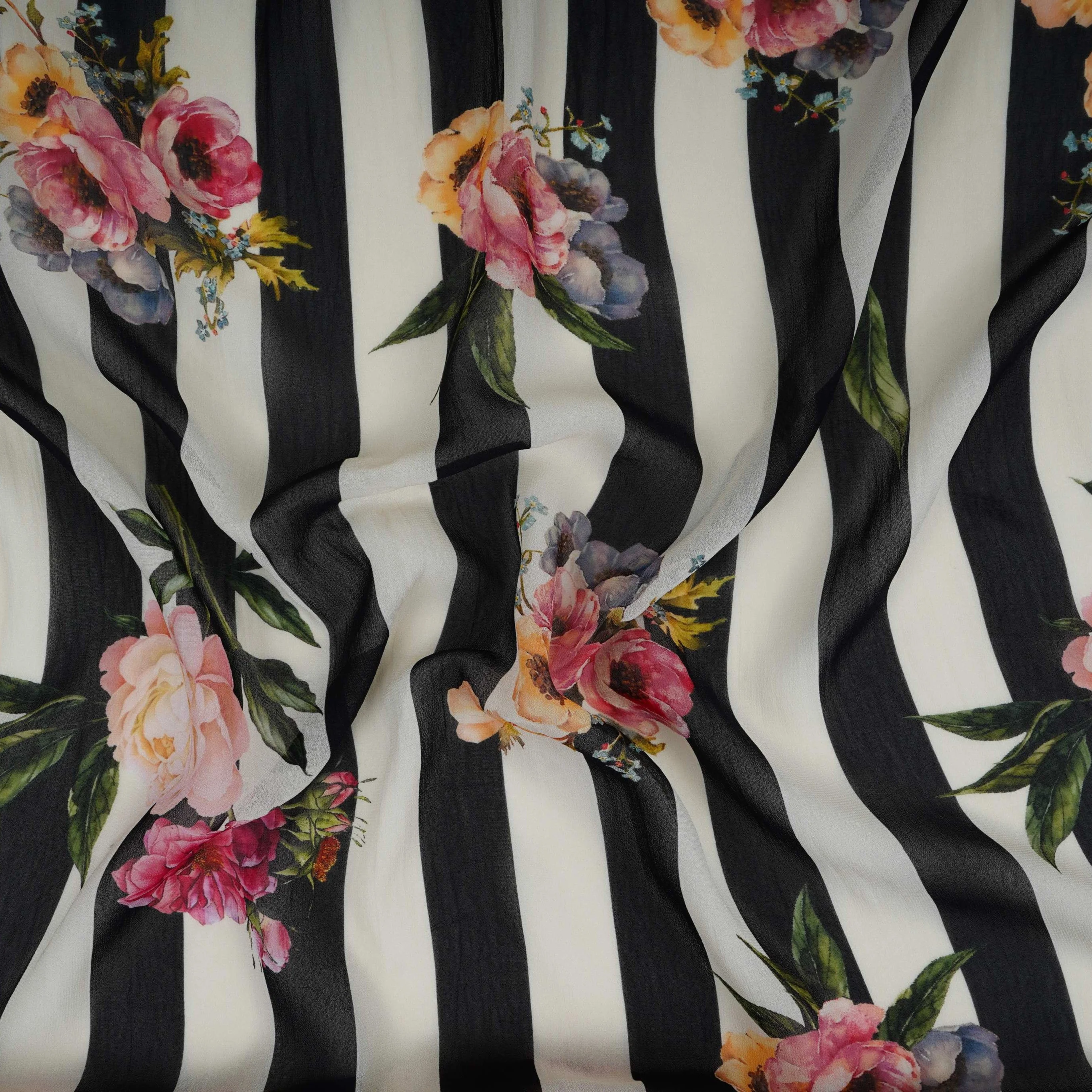 Black & Off White Stripes floral print Pure Georgette Fabric MTFG-31050 - Image 3