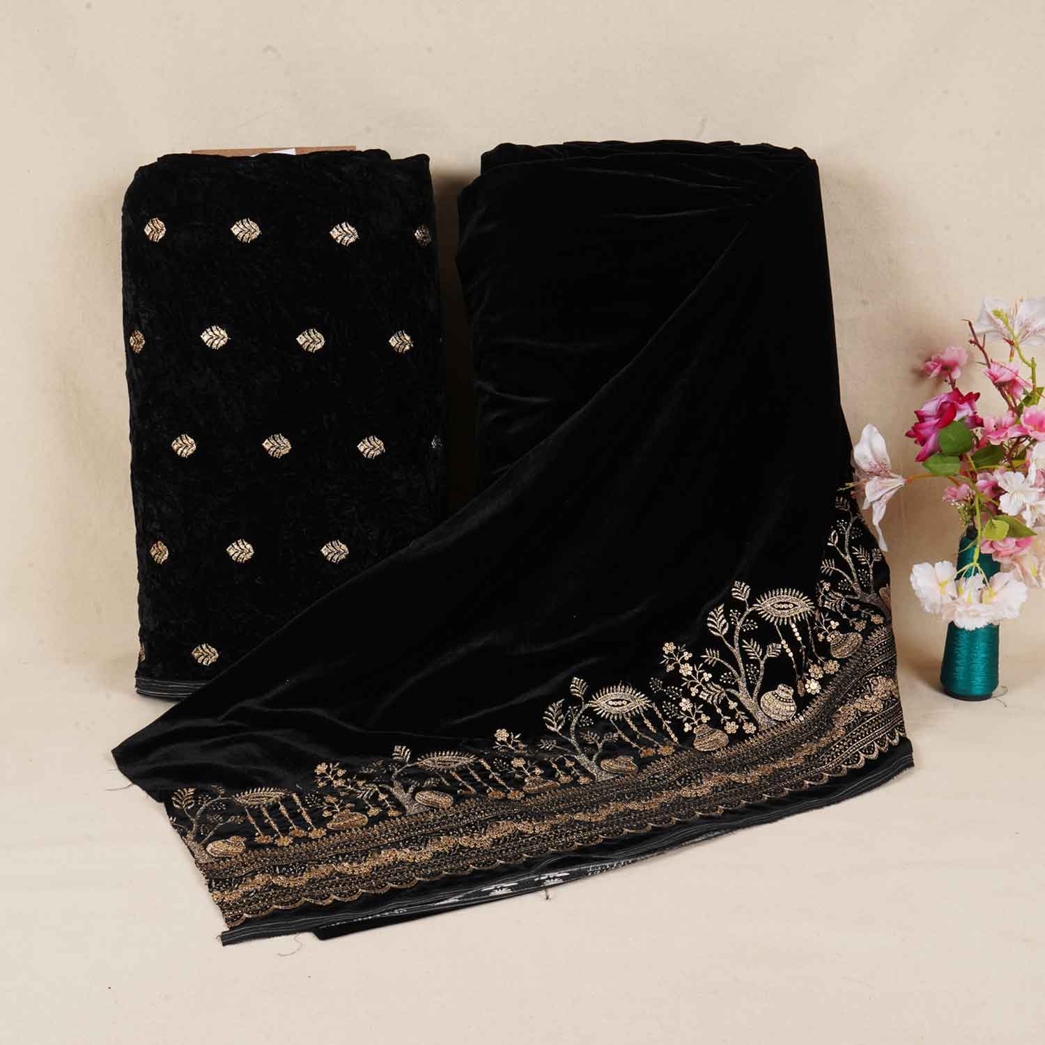 Black Border Work Cutdana Velvet 9000 Fabric SC-28252 - Image 6