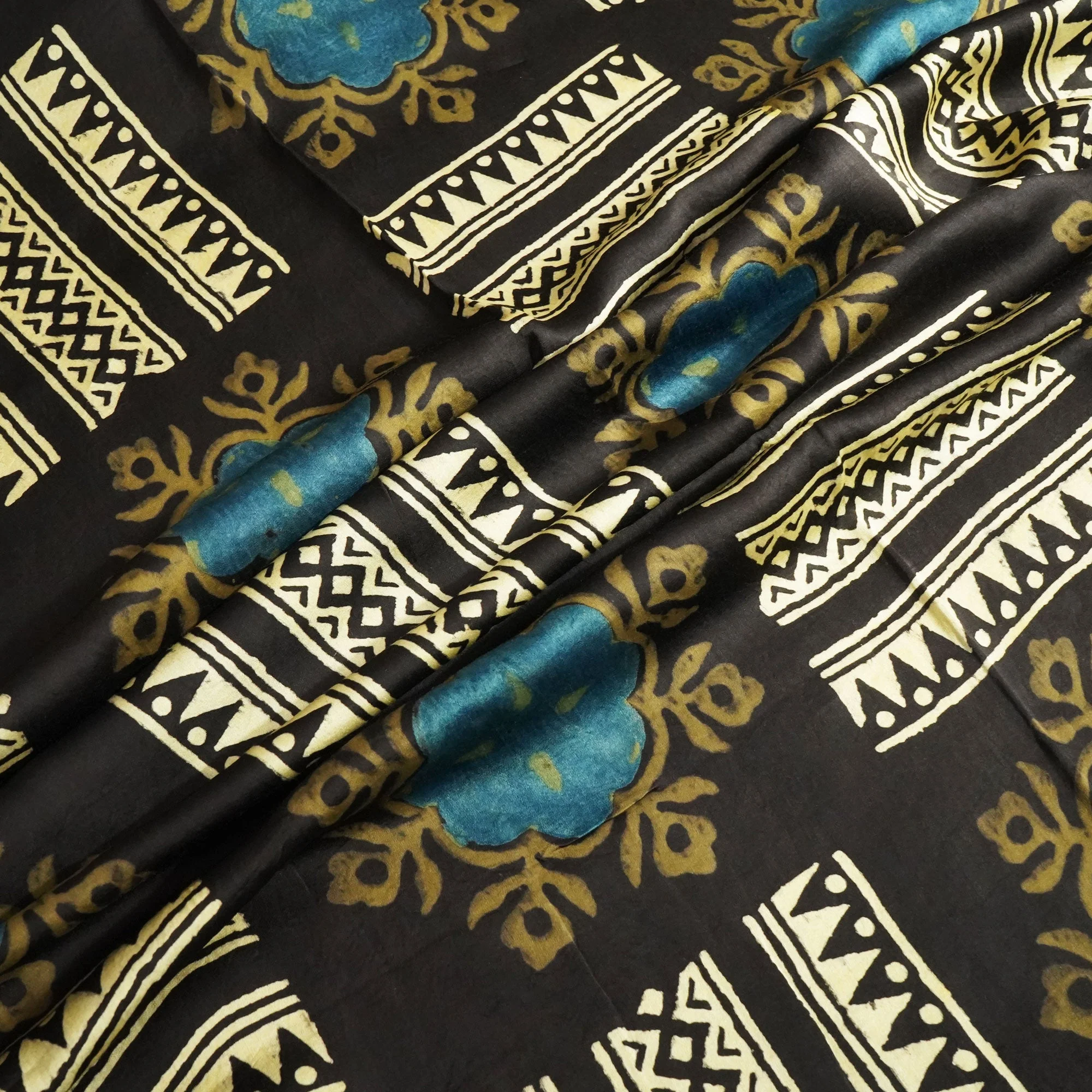 Black & Cream Abstract Ajrakh Print Modal Satin Fabric ASK-24328 - Image 3