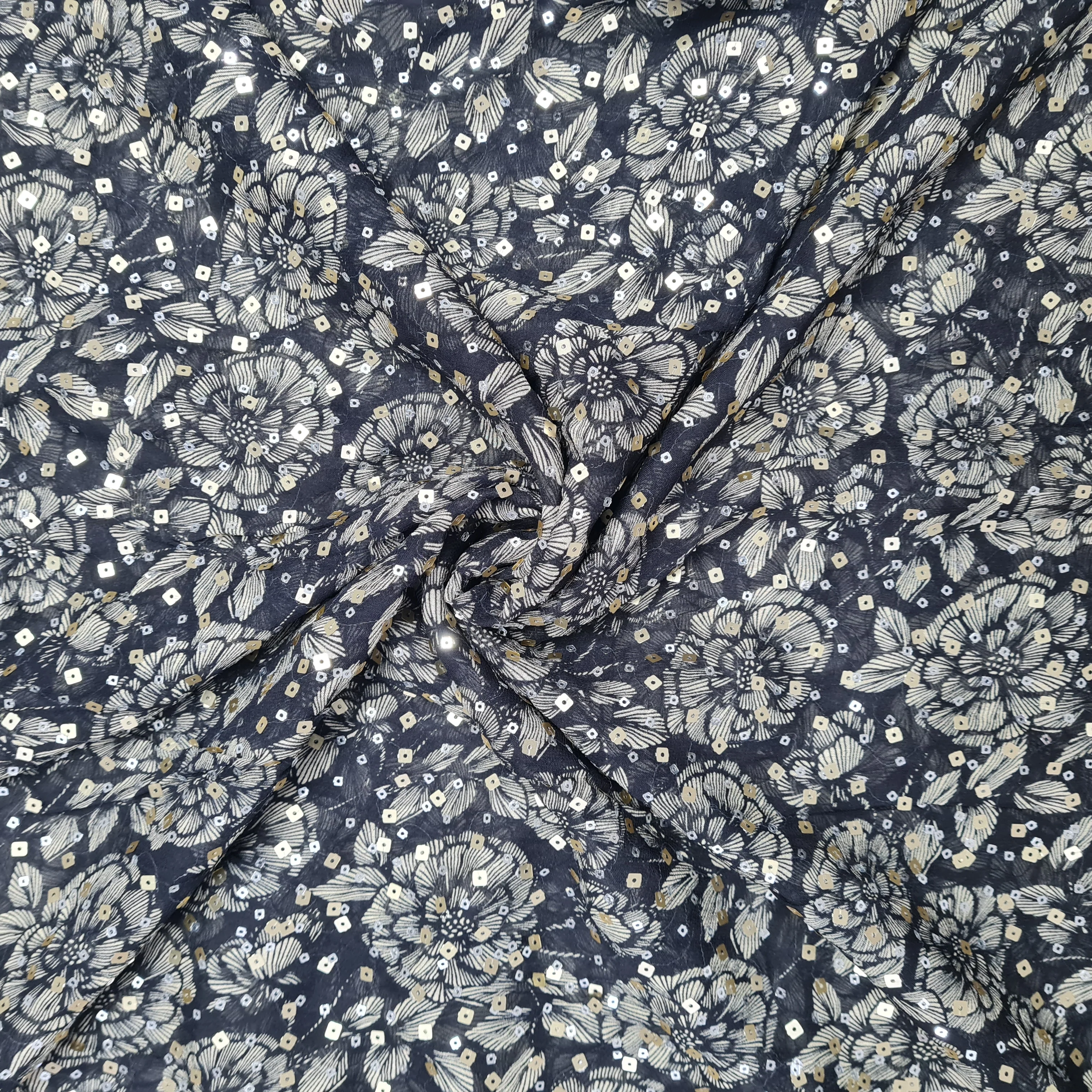 Black Floral Digital Print & Sequins Georgette Fabric