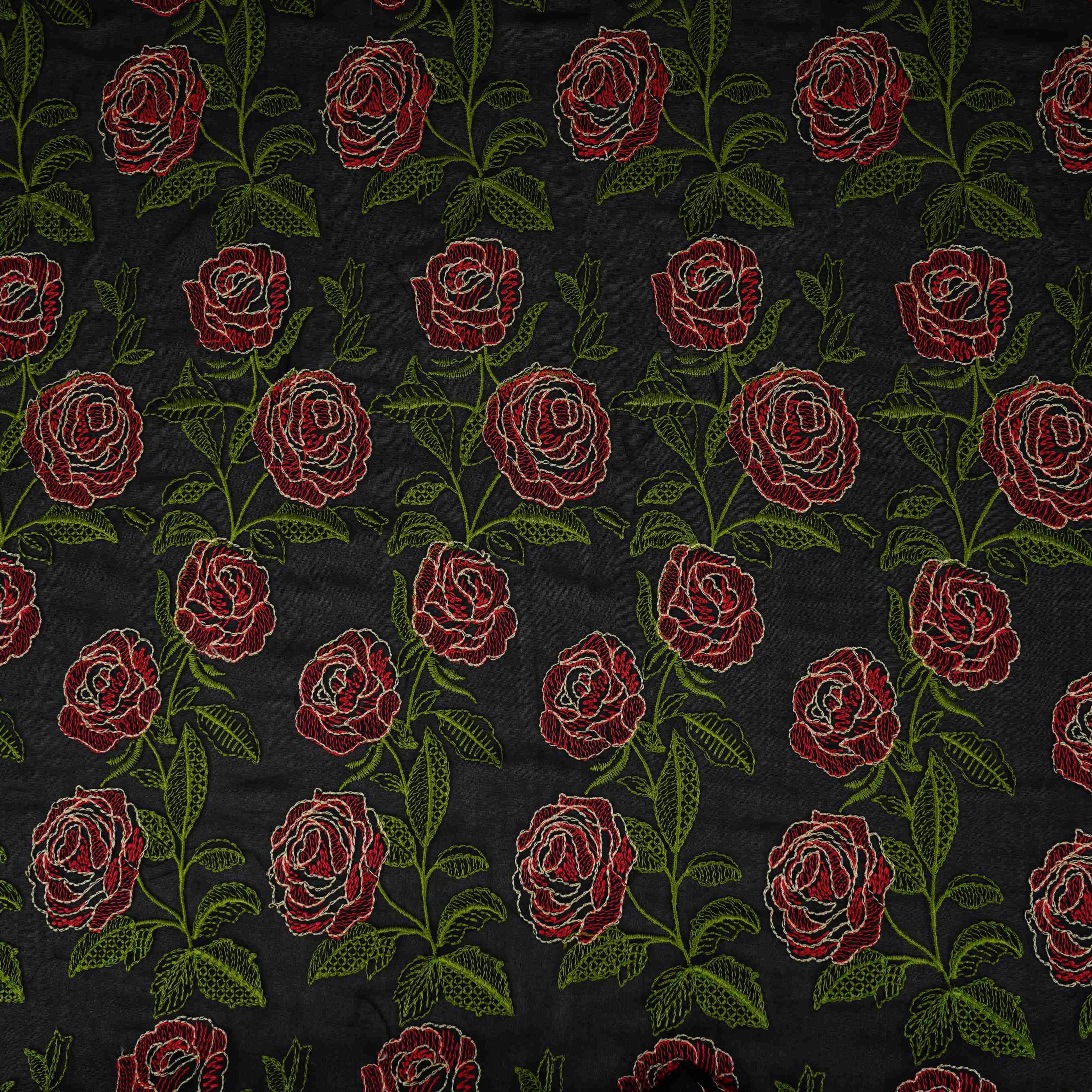 Black Floral Embroidery Pure Cotton Fabric MJF-30667 - Image 3