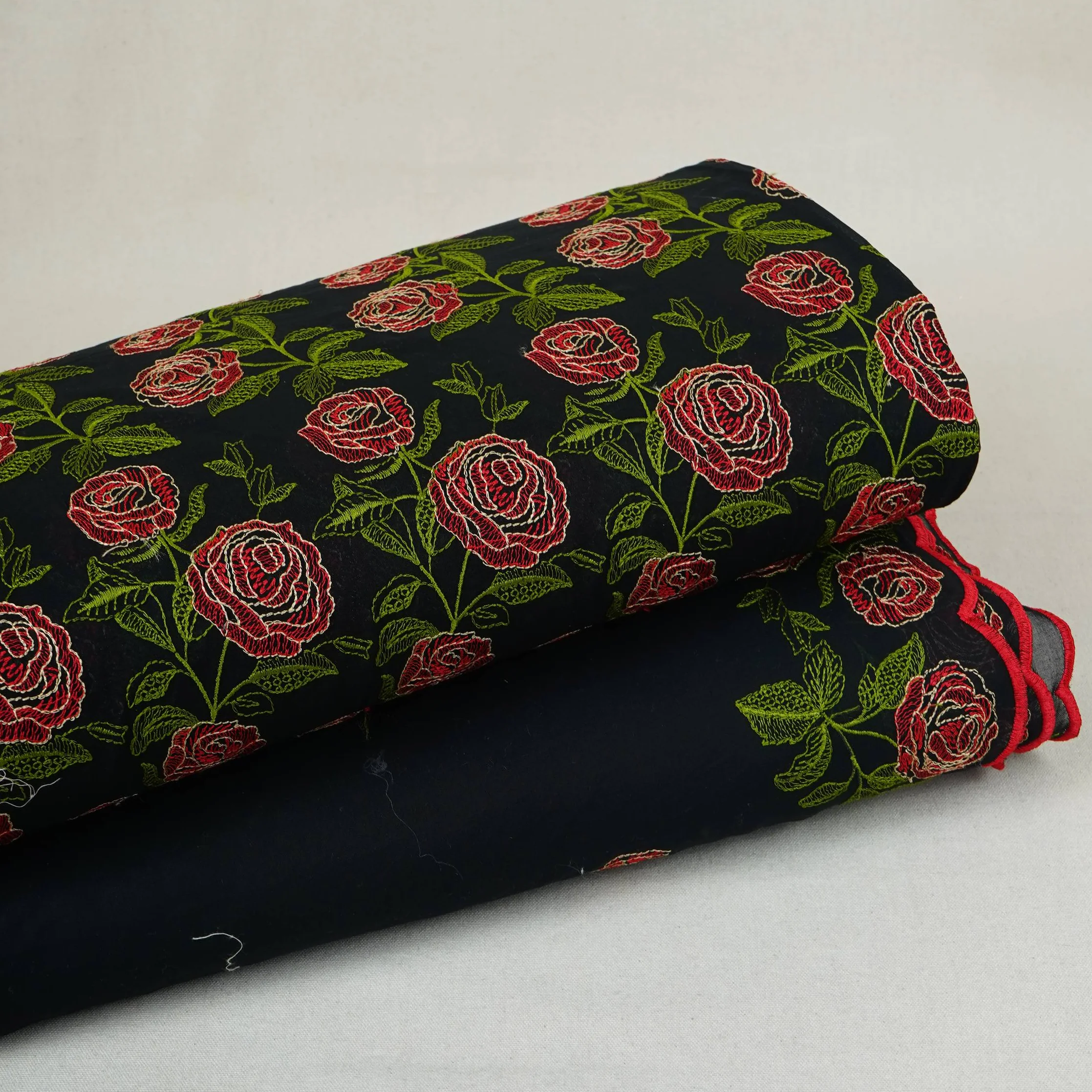 Black Floral Embroidery Pure Cotton Fabric MJF-30667 - Image 6