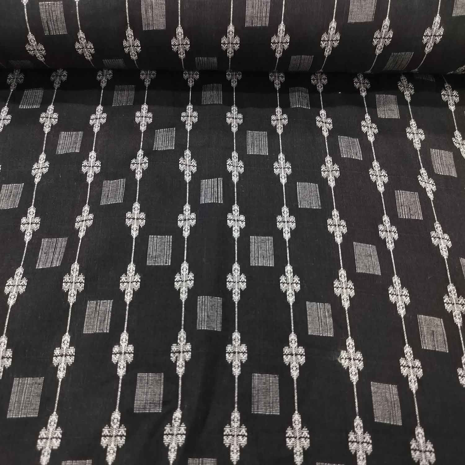 Black Floral Geometrical Silver Dobby Embroidery Cotton DE-16435 - Image 2