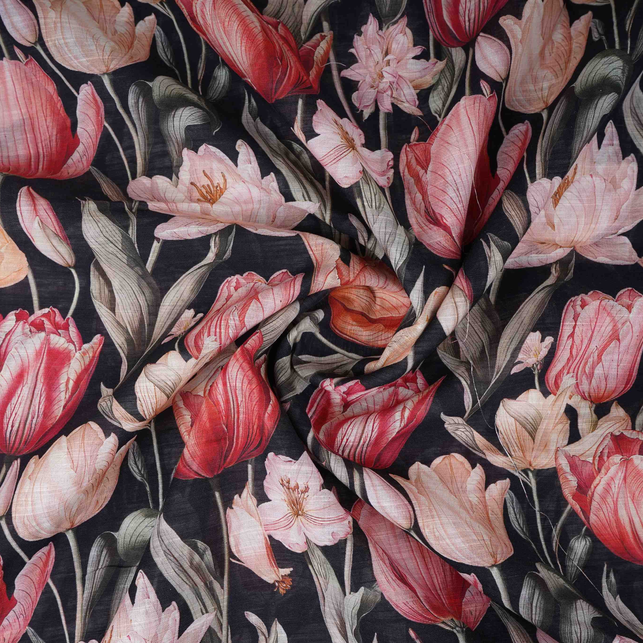 Black Floral Print Cotton Linen Fabric RT-30916 - Image 3