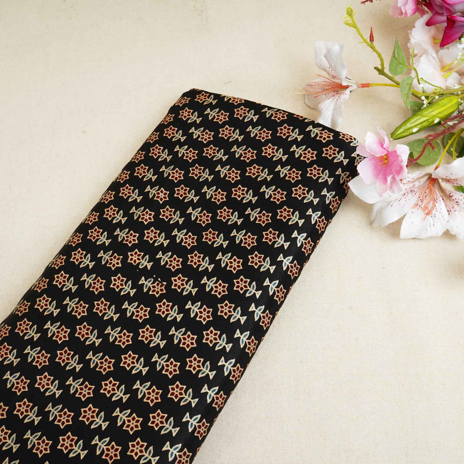 Black Floral Print Mashru Silk Fabric EEG-28376