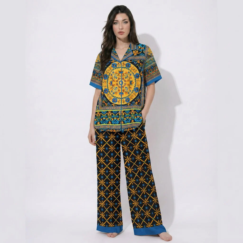 Black floral printed & embroidery Cotton Satin Cord Set SM-31928