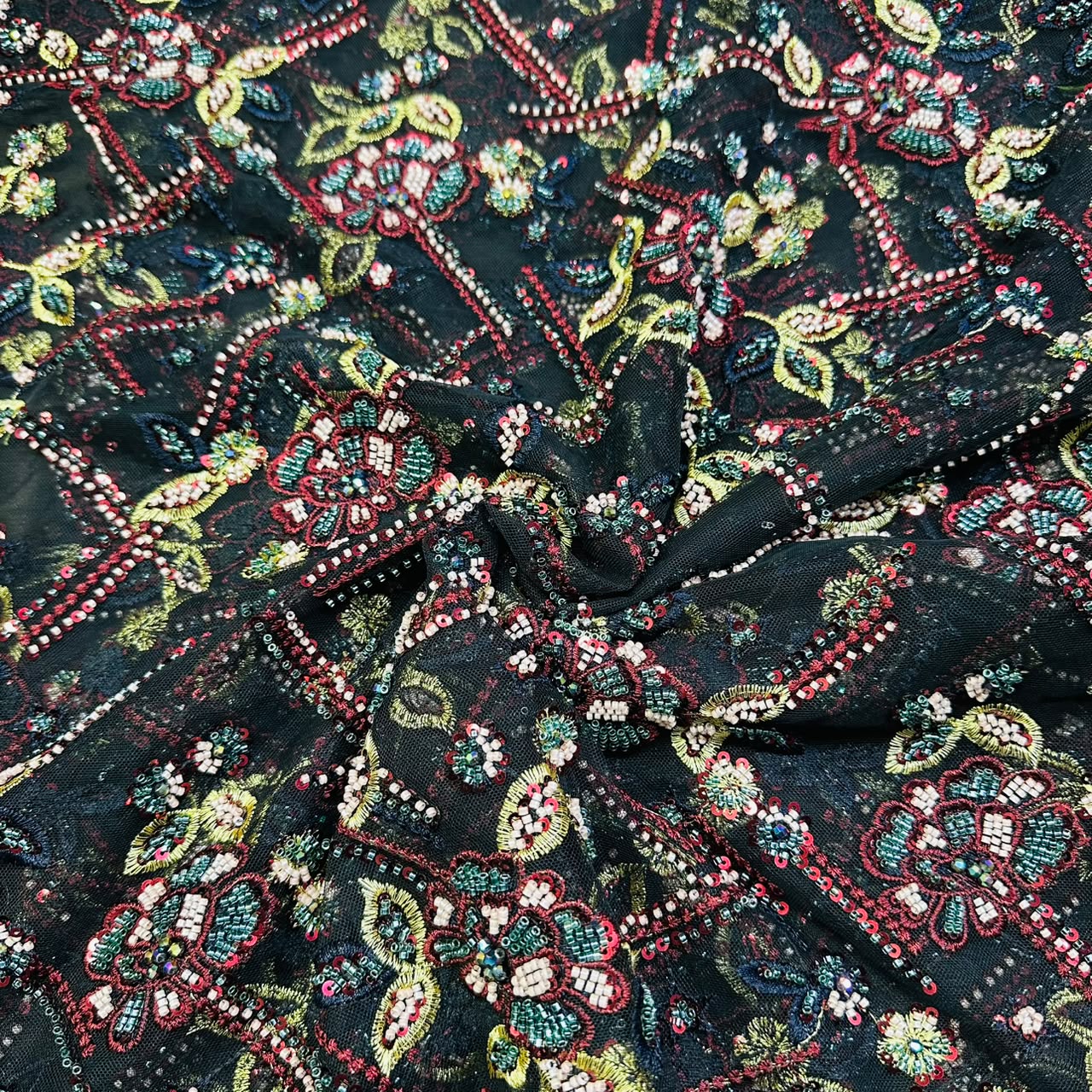 Black imported Thread Sequins Cut Dana Handcrafted Embroidery Net Fabric CF-15121
