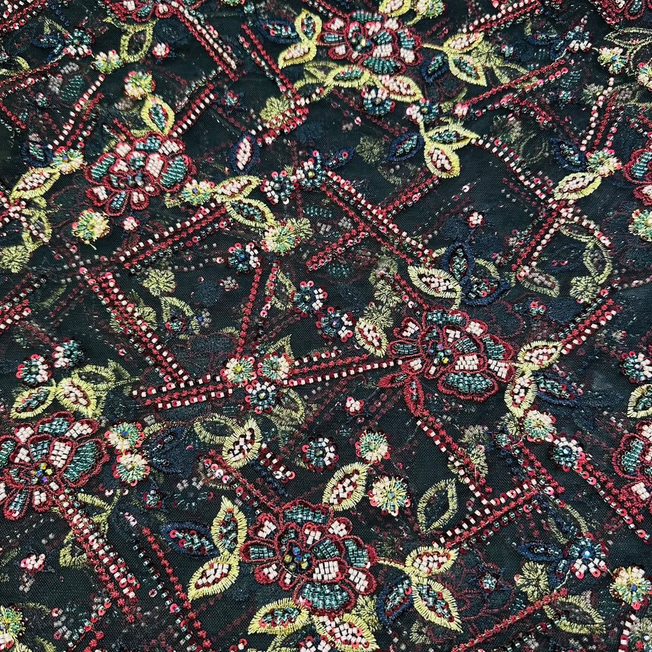 Black imported Thread Sequins Cut Dana Handcrafted Embroidery Net Fabric CF-15121 - Image 2