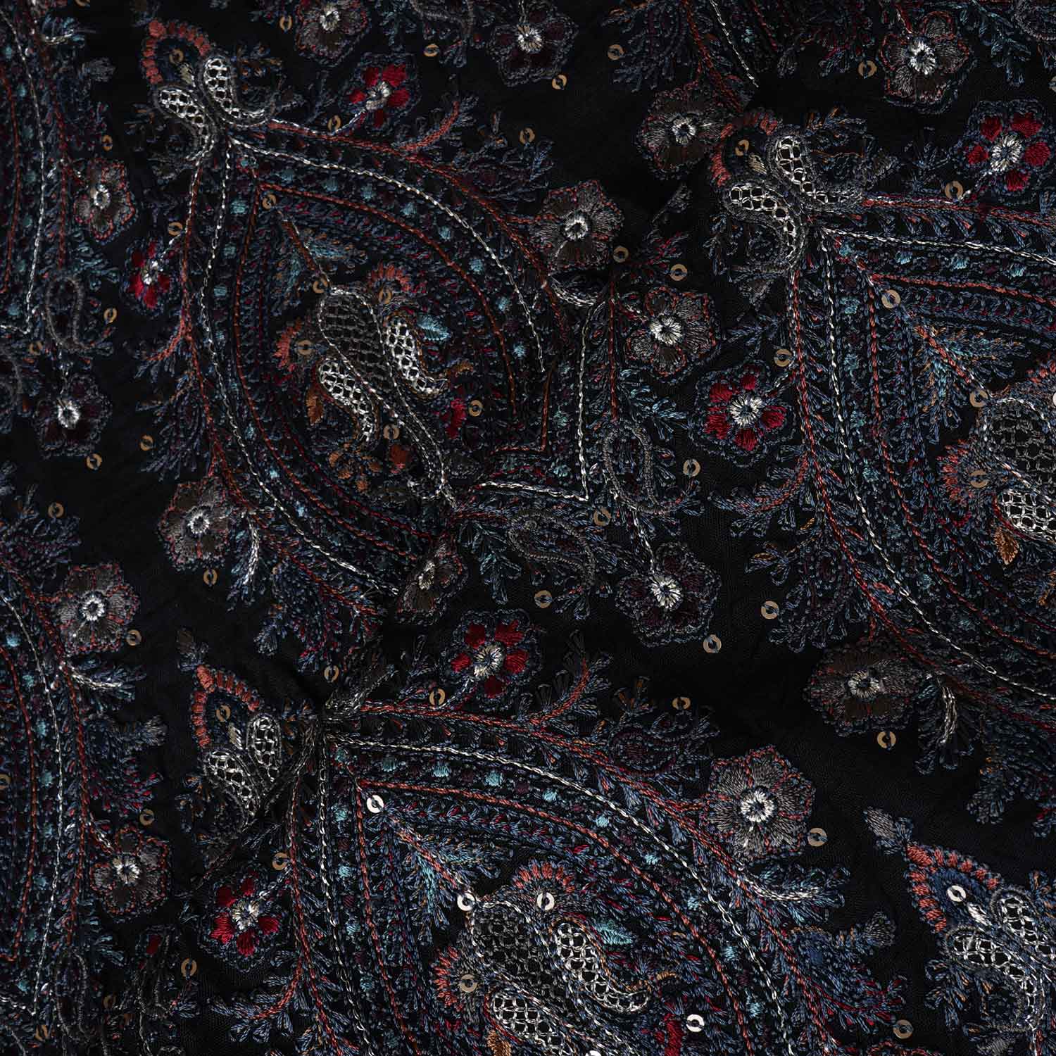 Black Kashmiri Embroidery Raw Silk Fabric DR-28023 - Image 3