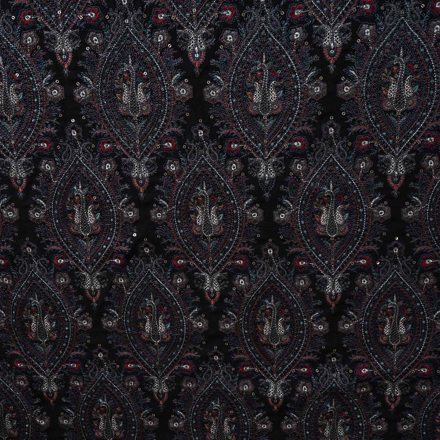 Black Kashmiri Embroidery Raw Silk Fabric DR-28023 - Image 4