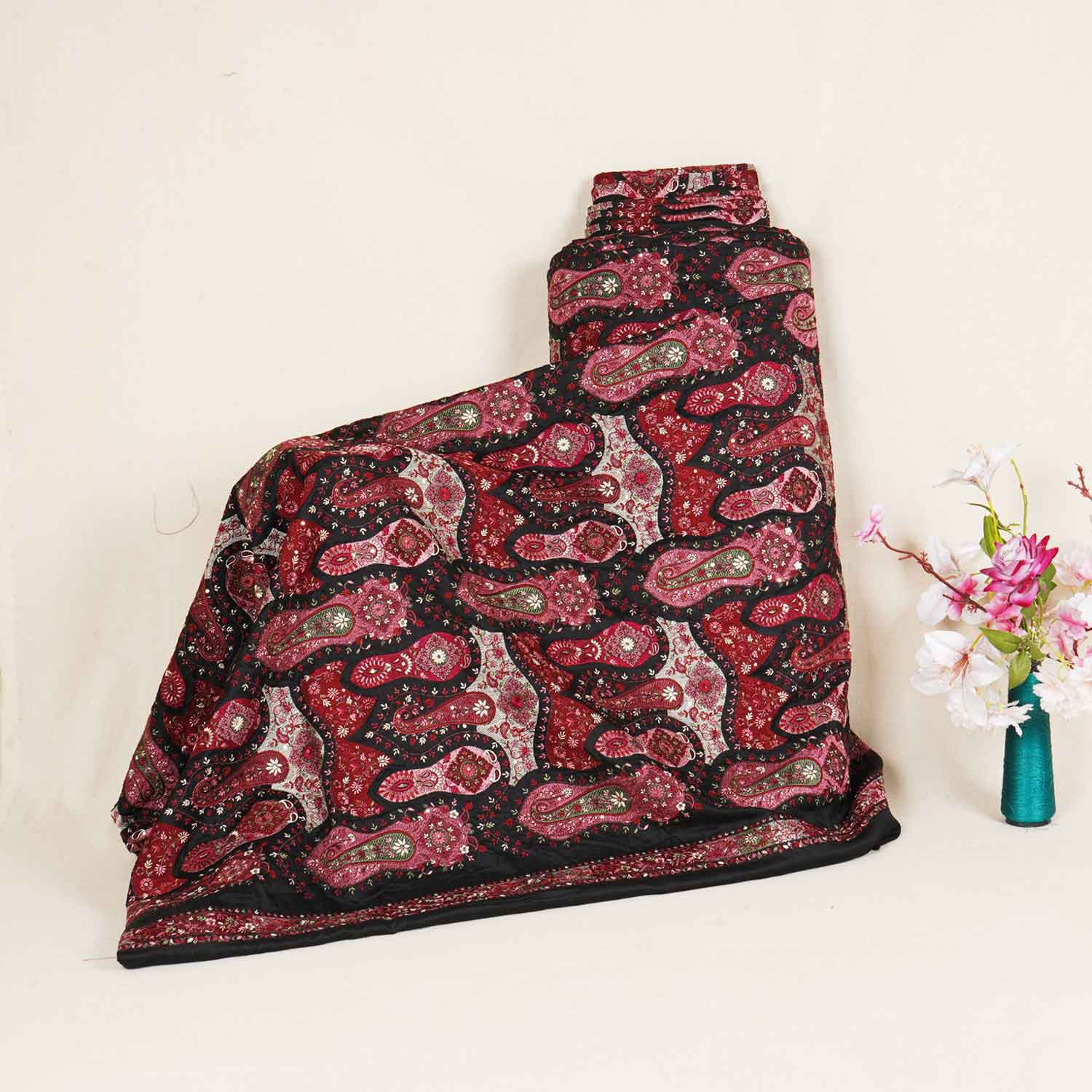 Black Kashmiri Embroidery Raw Silk Fabric DR-28217